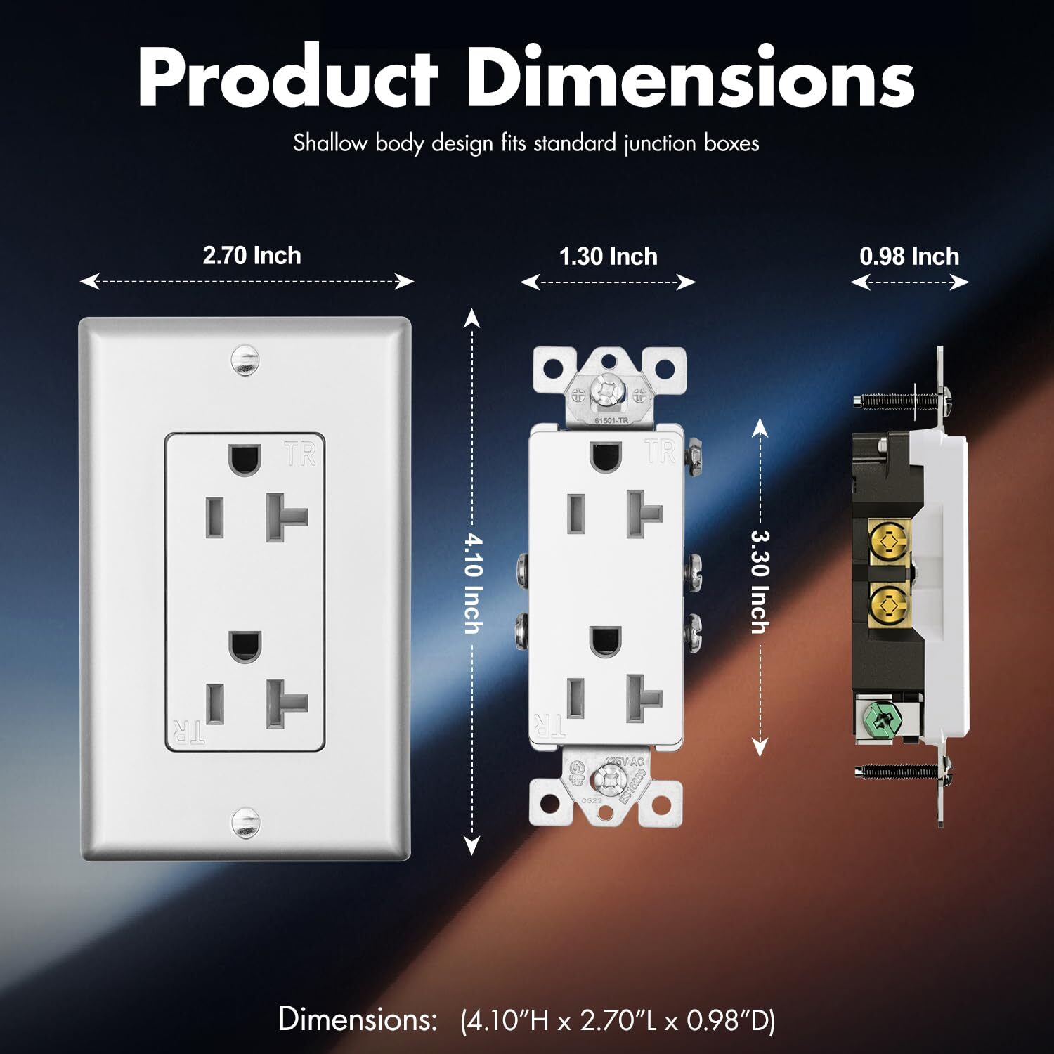 Decorator Receptacle Outlet, Tamper Resistant,20 Amp,125 Volt,Wall Plate,sliver