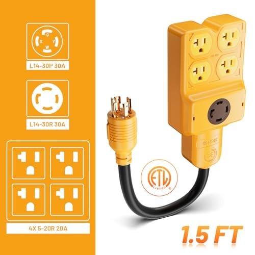 30 Amp Generator Adapter Extension Cord, L14-30P to 4x 15/20R, 7500W, ETL Listed
