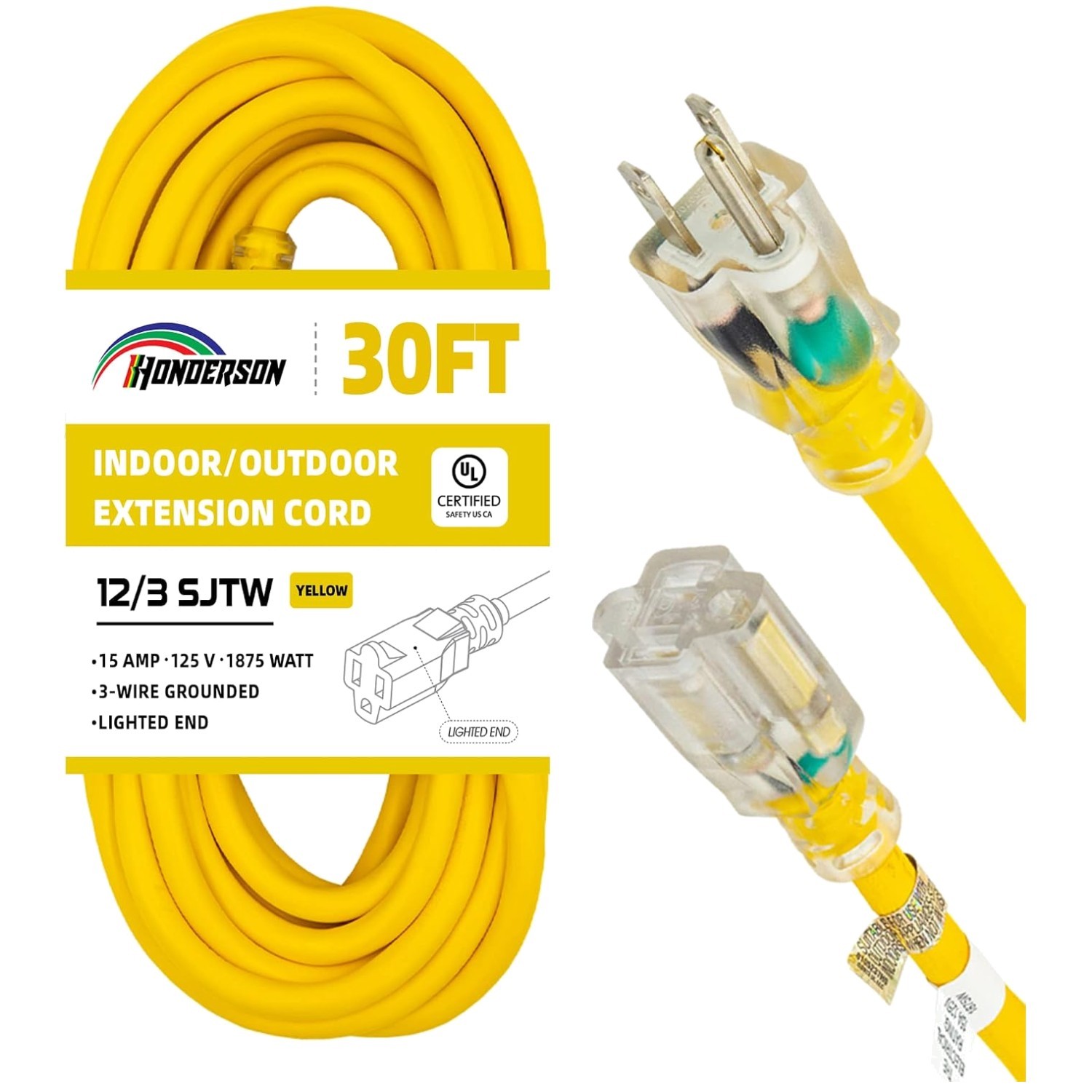 Weatherproof 30FT Extension Cord with Lighted End, Listed
