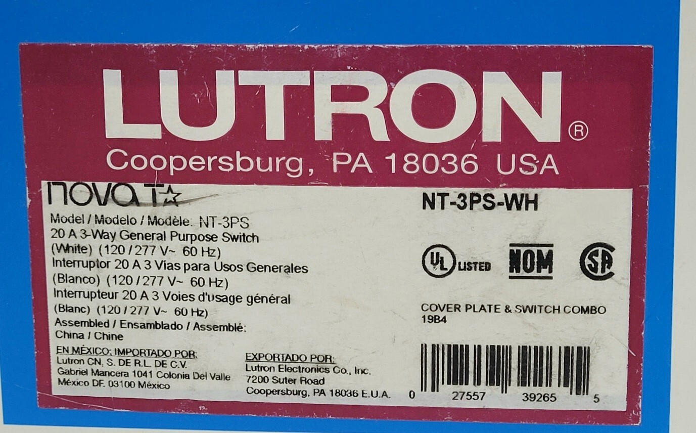 Lutron NOVAT NT-3PS-WH 20 A 3 Way General Purpose Switch & Cover Plate *A65