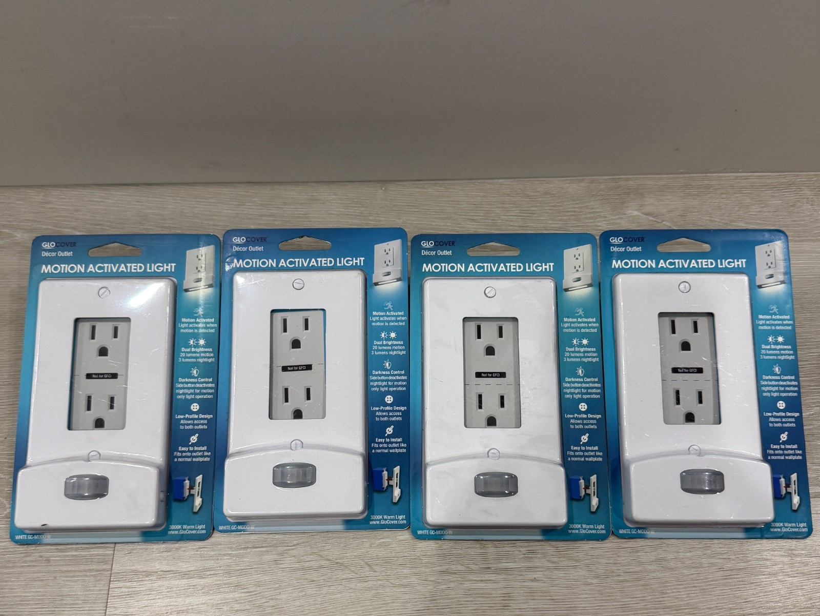 GloCover Motion Activated Light Outlet Cover Plate LED Nightlight White 4 Pack