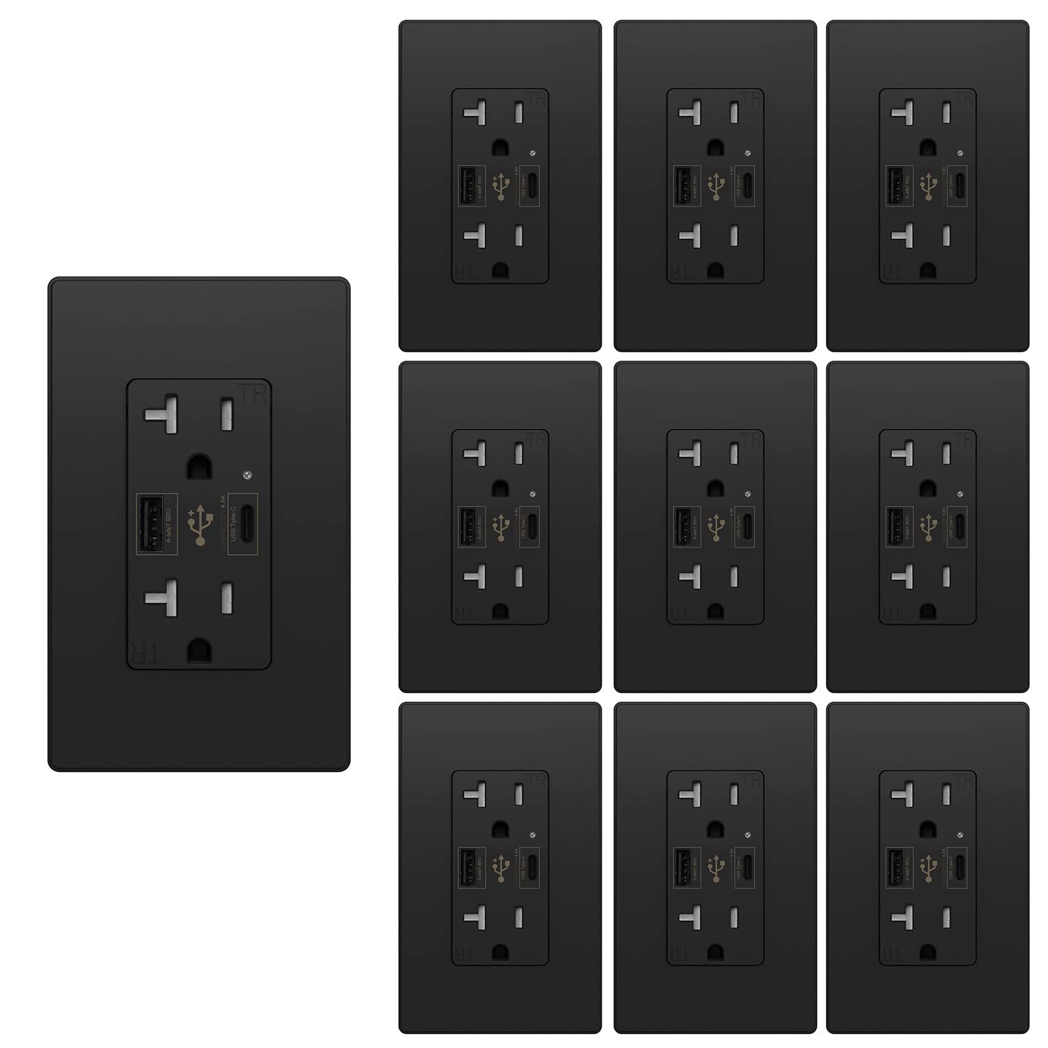 4.8A USB C Outlet UL Dual High Speed, Receptacle 20 Amp,125 Volt,Black,10Pack