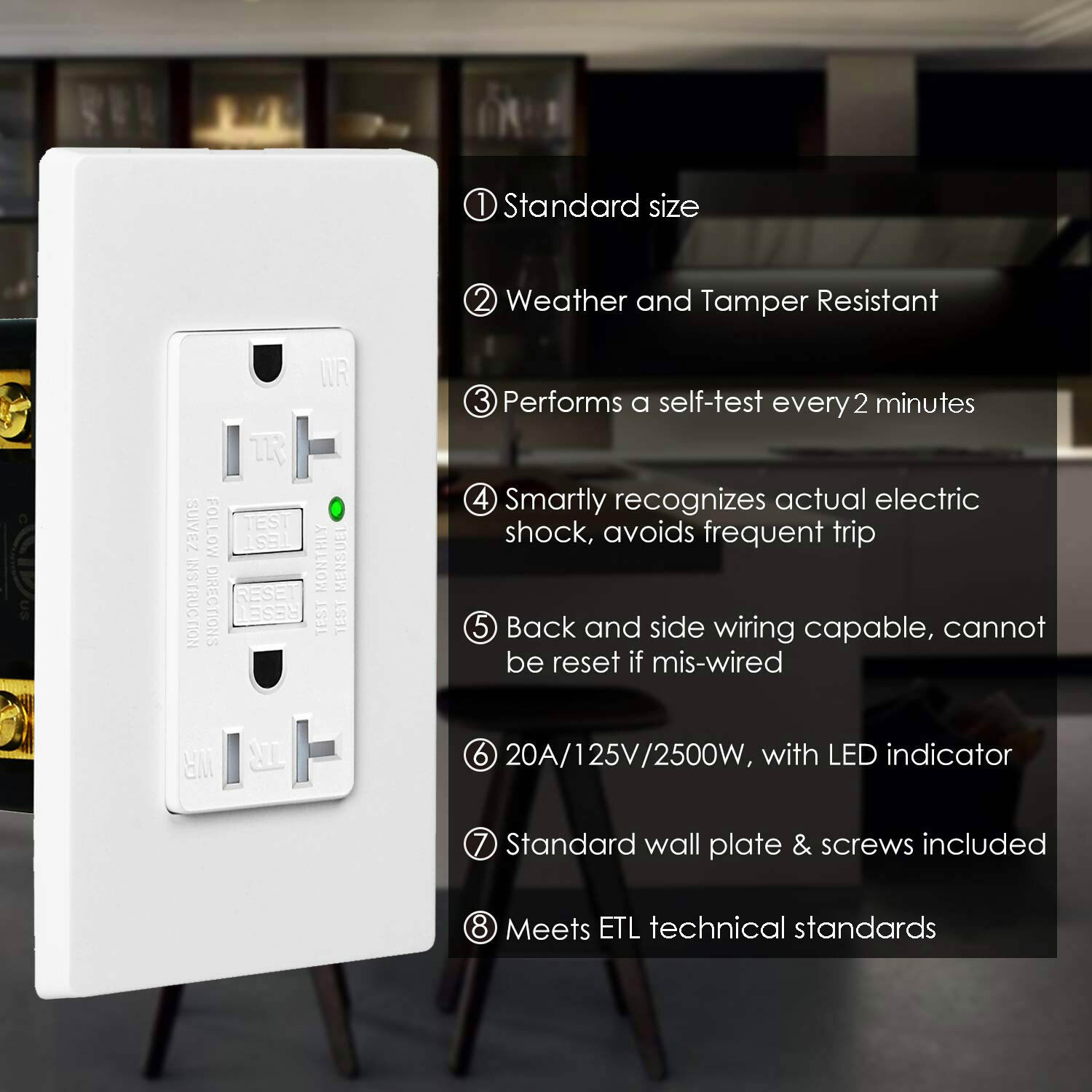 20A Amp GFCI Outlet GFI 110V Decora Receptacle Self-Test TR WR with Cover 2 Pack