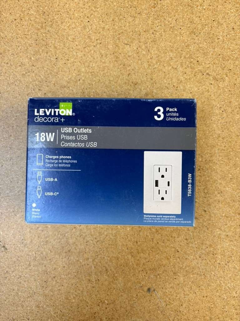 3-Pack LEVITON T5638-B3W Tamper-Resistant 18W USB-A & USB-C Duplex OUTLETS, SEAE