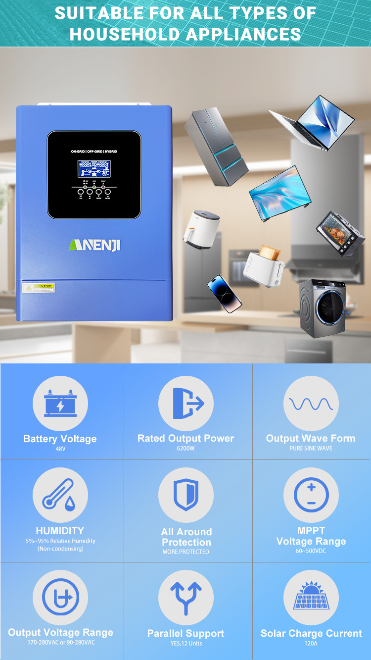 6200W 48V Hybrid MPPT Solar Inverter Parellel MPPT Charger 500V 120A 230Vac WIFI