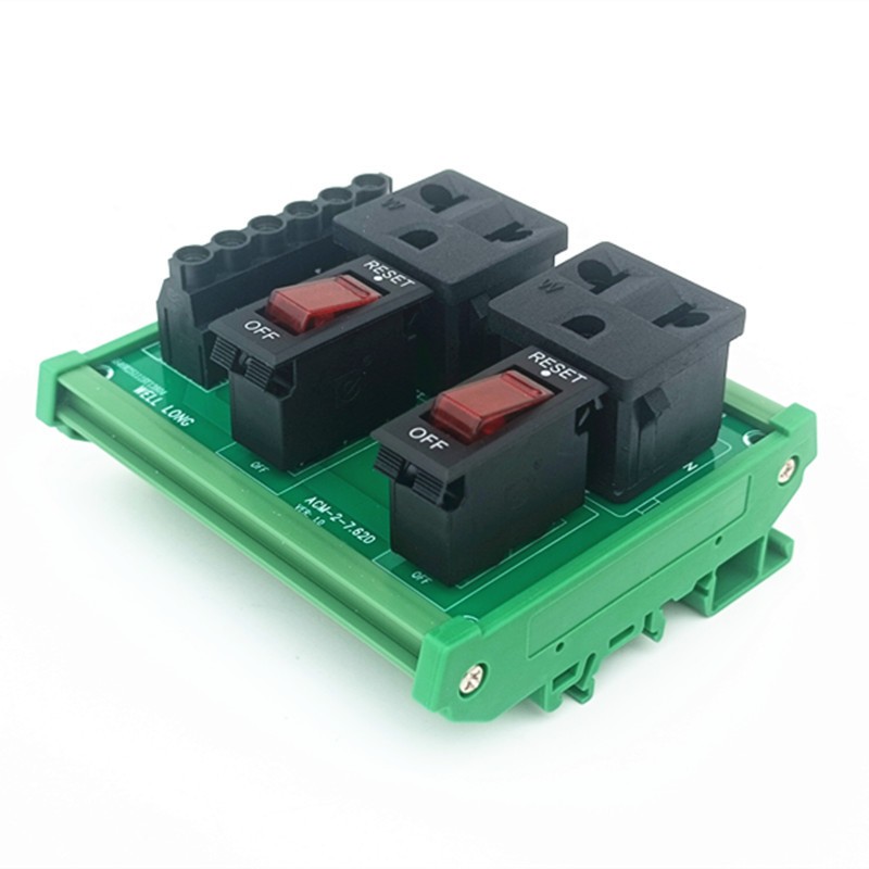 DIN Rail Mount AC 125V TWO Receptacle Outlet Power Module With Circuit Breaker.