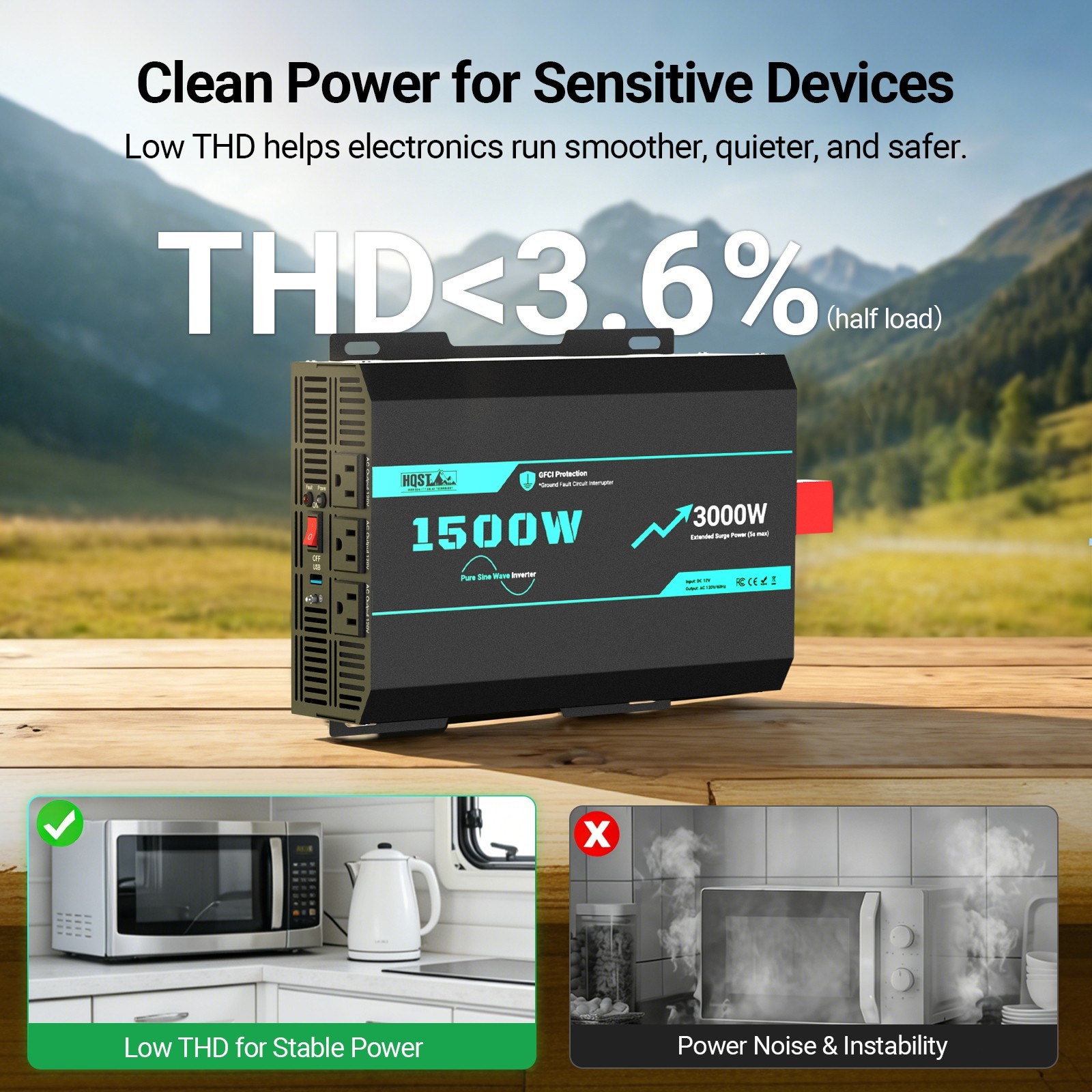 HQST 1500W Pure Sine Wave Inverter with 5s Boost Function