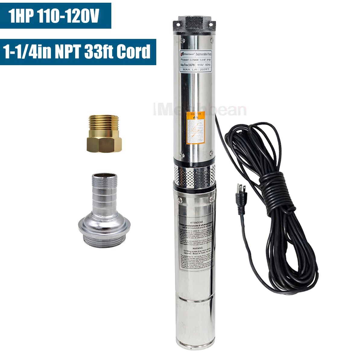 1 HP Deep Well Submersible Pump, 4″ , 115V, 37 GPM, 207 ft ,Stainless Steel US
