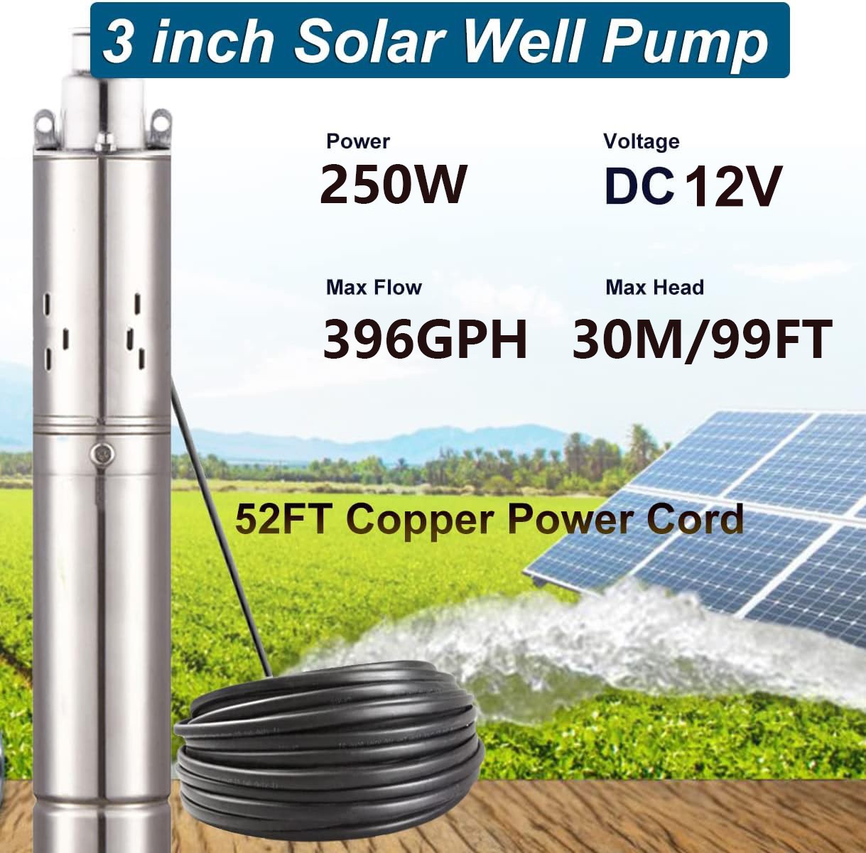 3” DC 12V Solar Deep Well Pump Water Pump 396GPH Stainless Steel Submersible