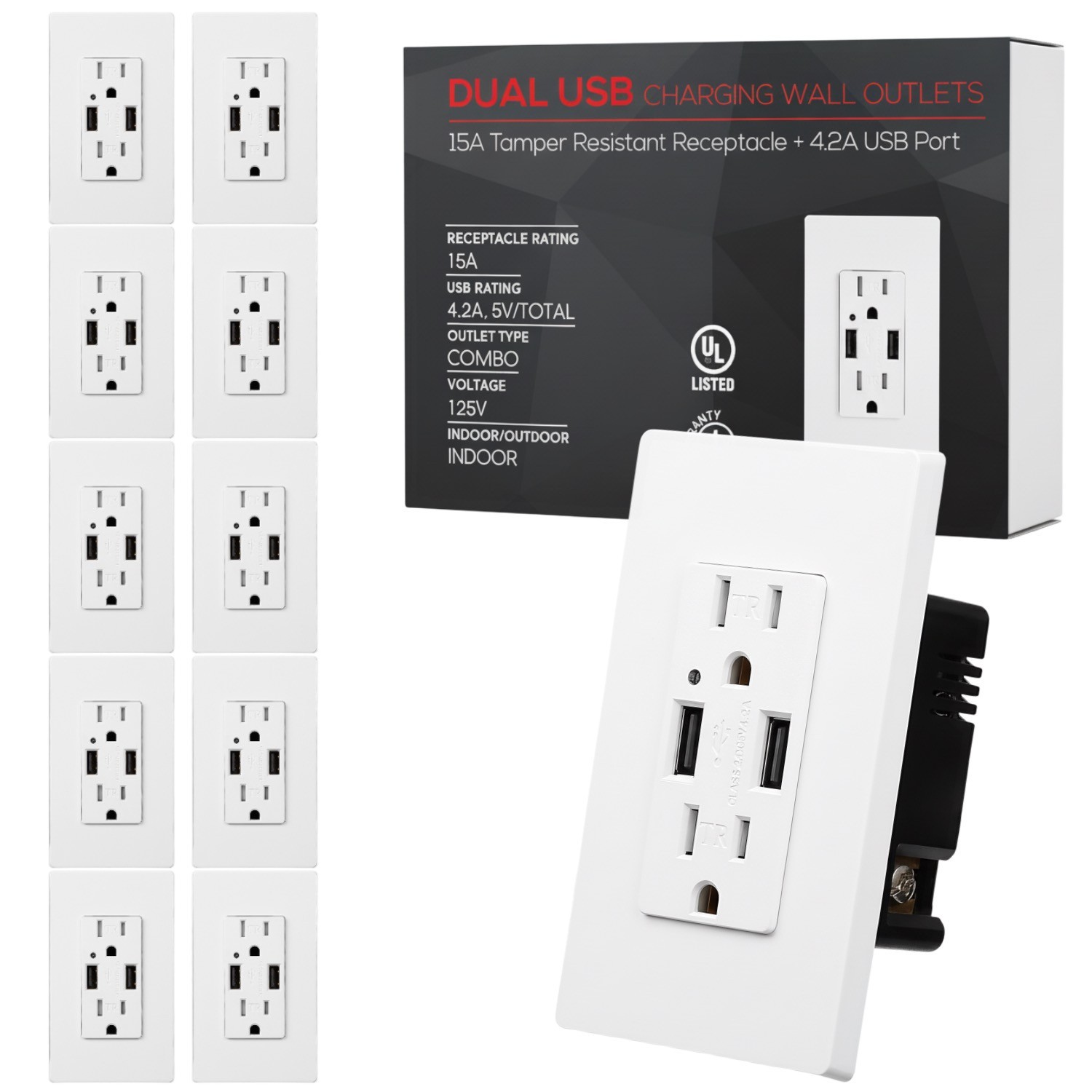10 Pack Charging Wall Outlets, 4.2A Fast Charging, Wall Plate Included