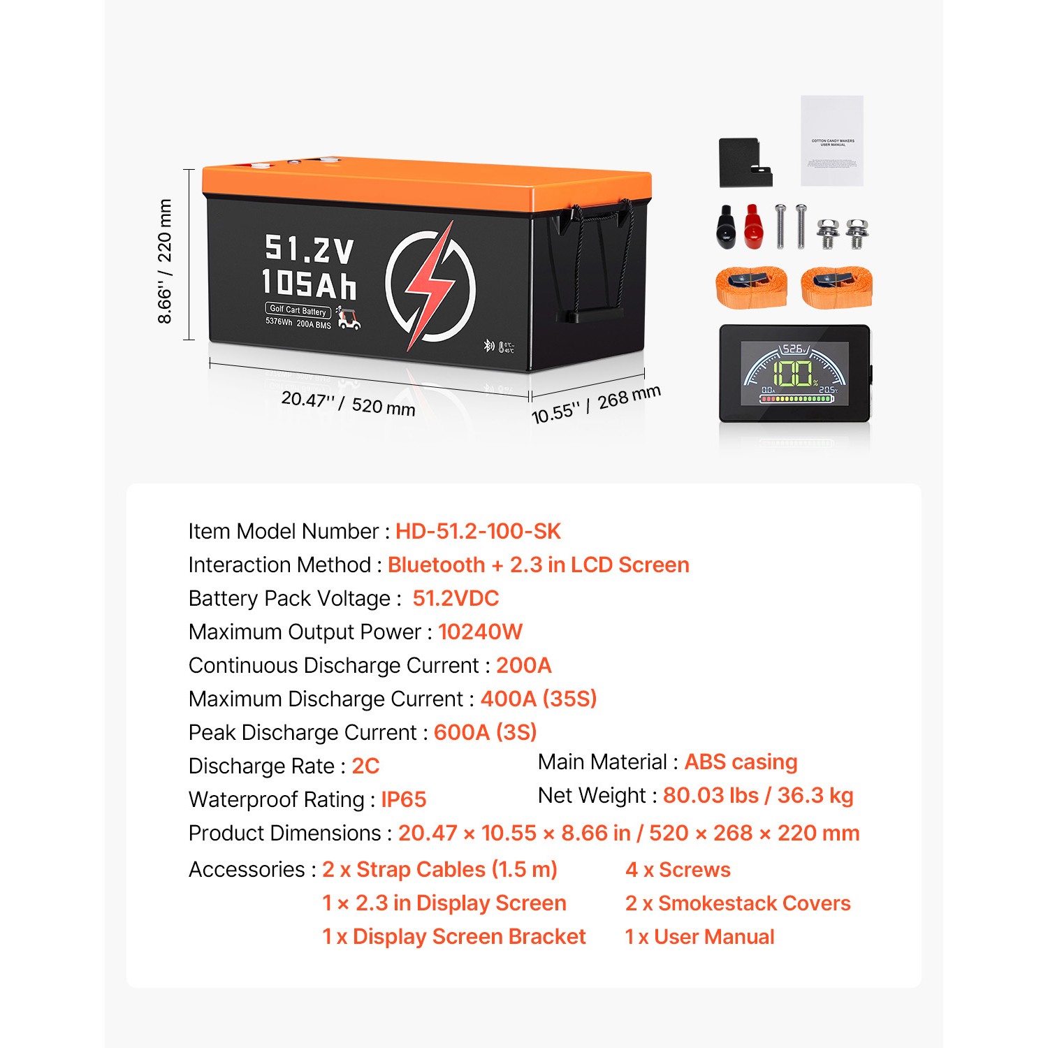 48V 105Ah Golf Cart Lithium Battery with LCD Monitor and 4000+ Cycles