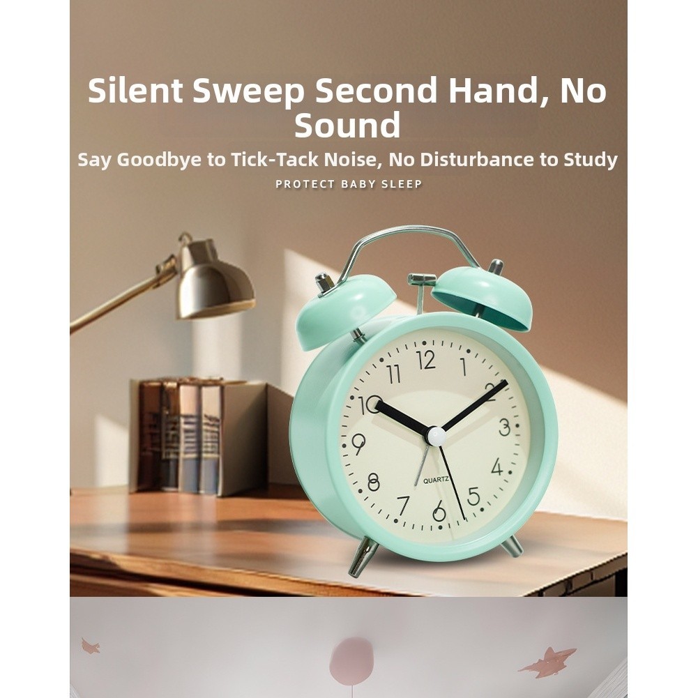 Student Alarm Clock Metal Casing Glow in Dark Silent Sweep Second Hand
