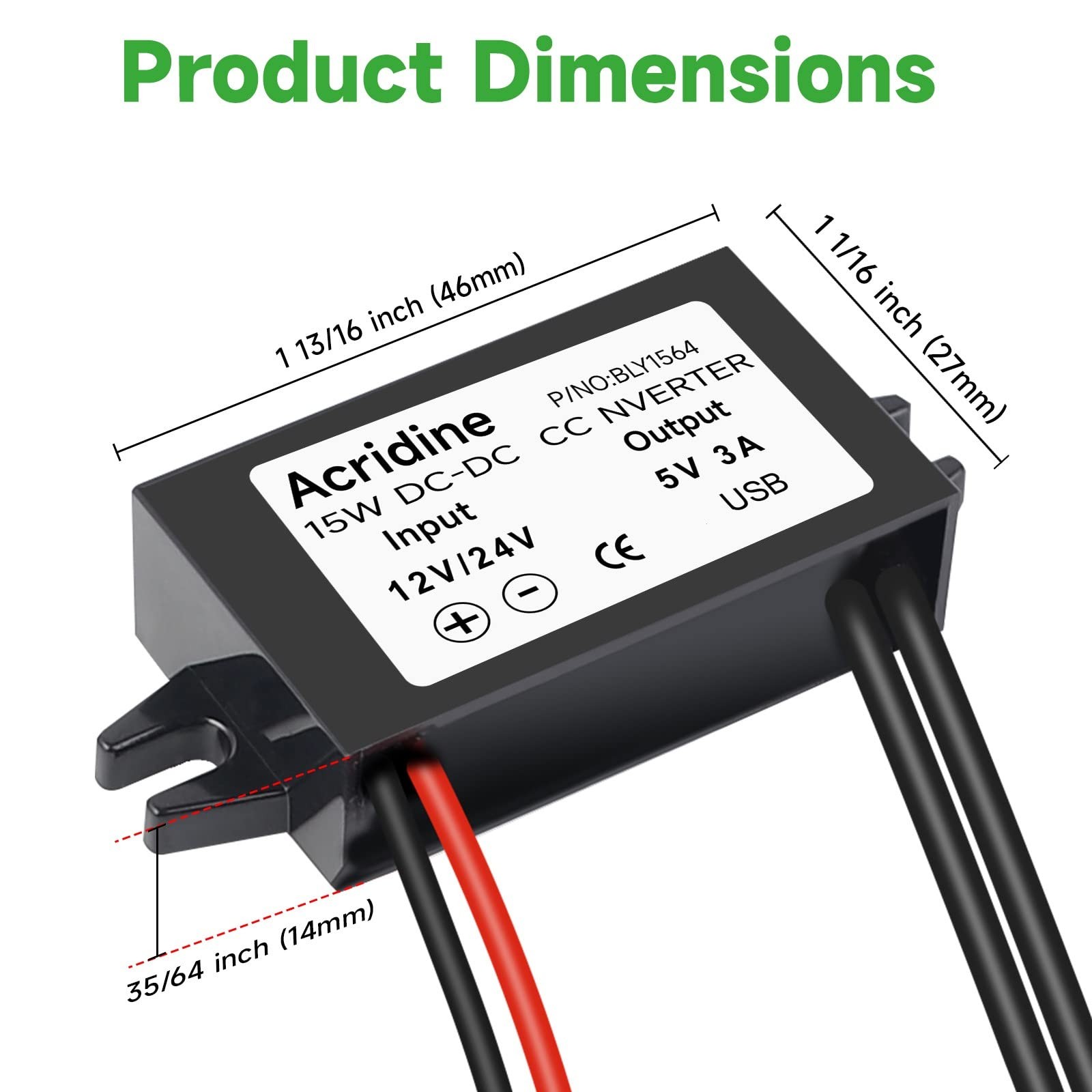 Acridine 12V 24V DC to 5V 3A USB Female Converter Adapter Buck Module Black