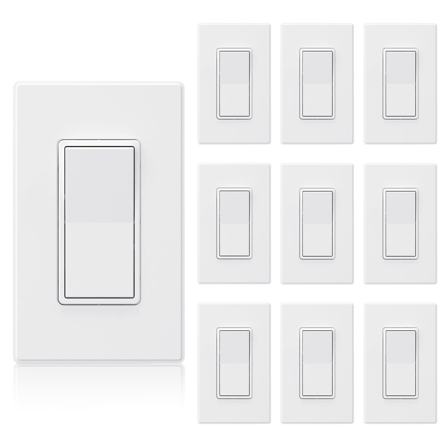 15 Amp Matte White Rocker Switch – Sturdy Design with Wall Plate, 10 Pack