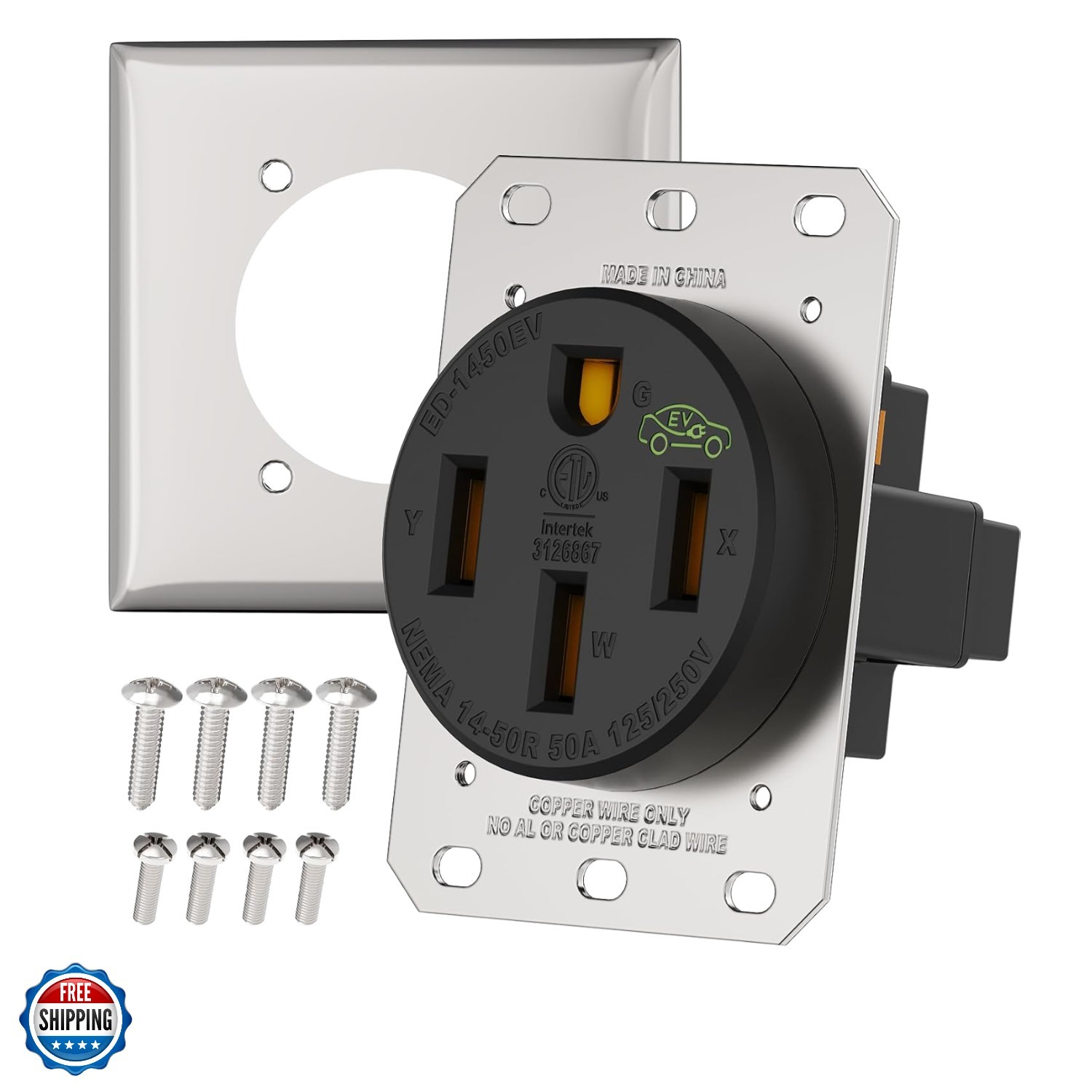 50 Amp EV Charging Receptacle, NEMA 14-50R EV Power Outlet, 125/250 Volts, Id…