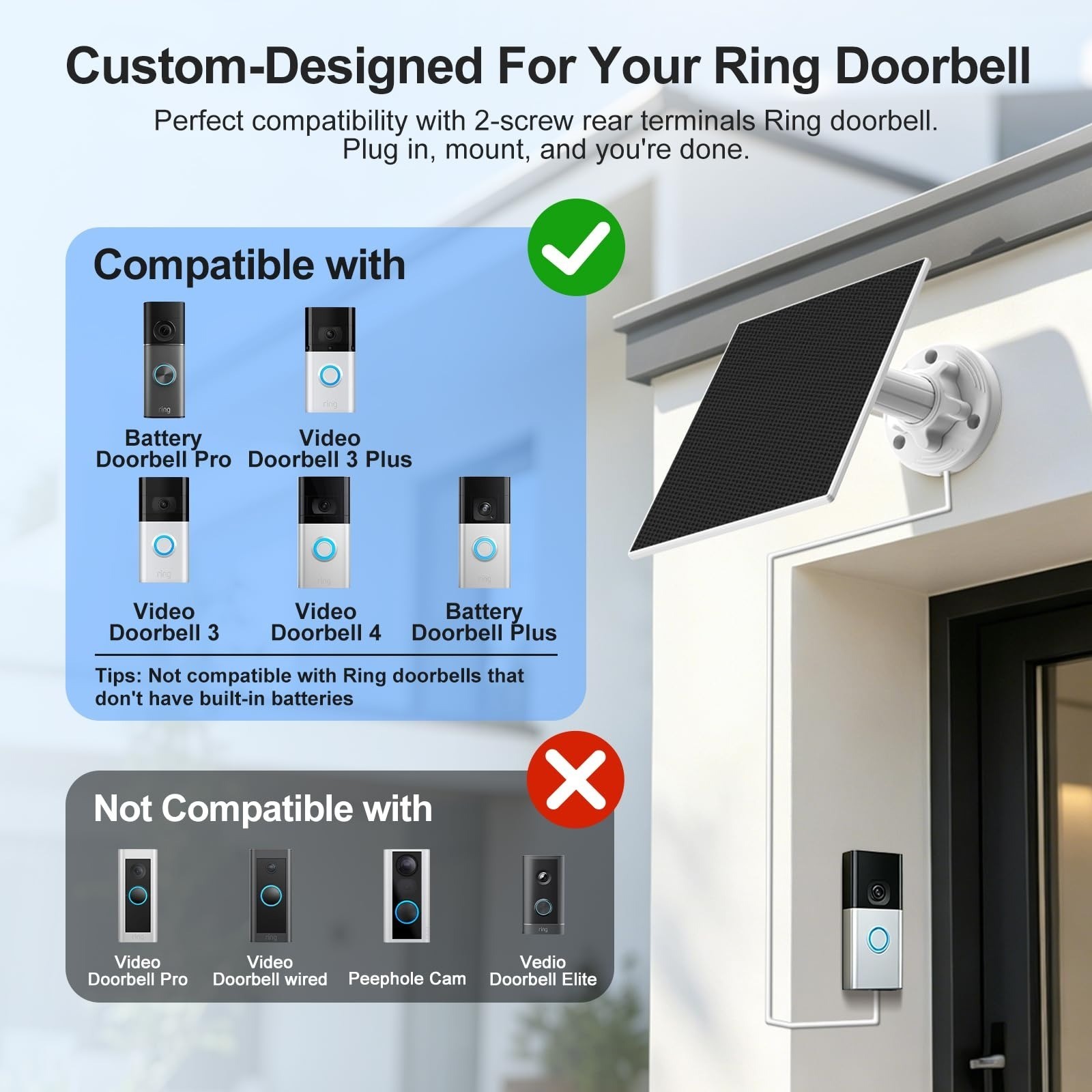 WECOOL Solar Panel Charger for Ring Doorbell with Built-in Battery
