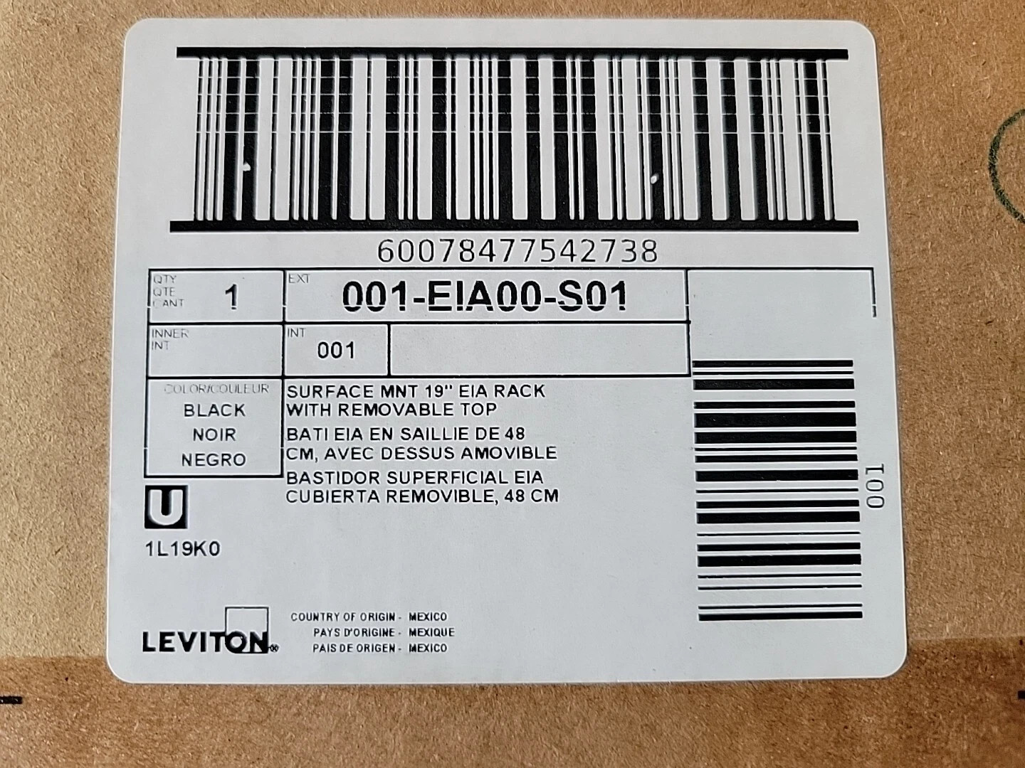 Leviton 001-EIA000-S01 Surface Mount 19″EIA Rack With Removable Top
