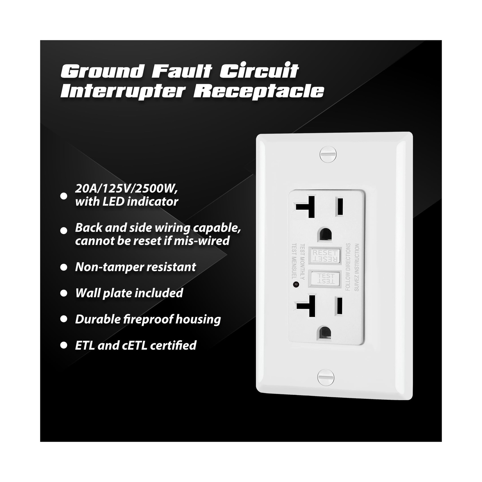 ELECTECK 50 Pack GFCI Outlets 20 Amp, Non-Tamper Resistant, Decor GFI Recepta…