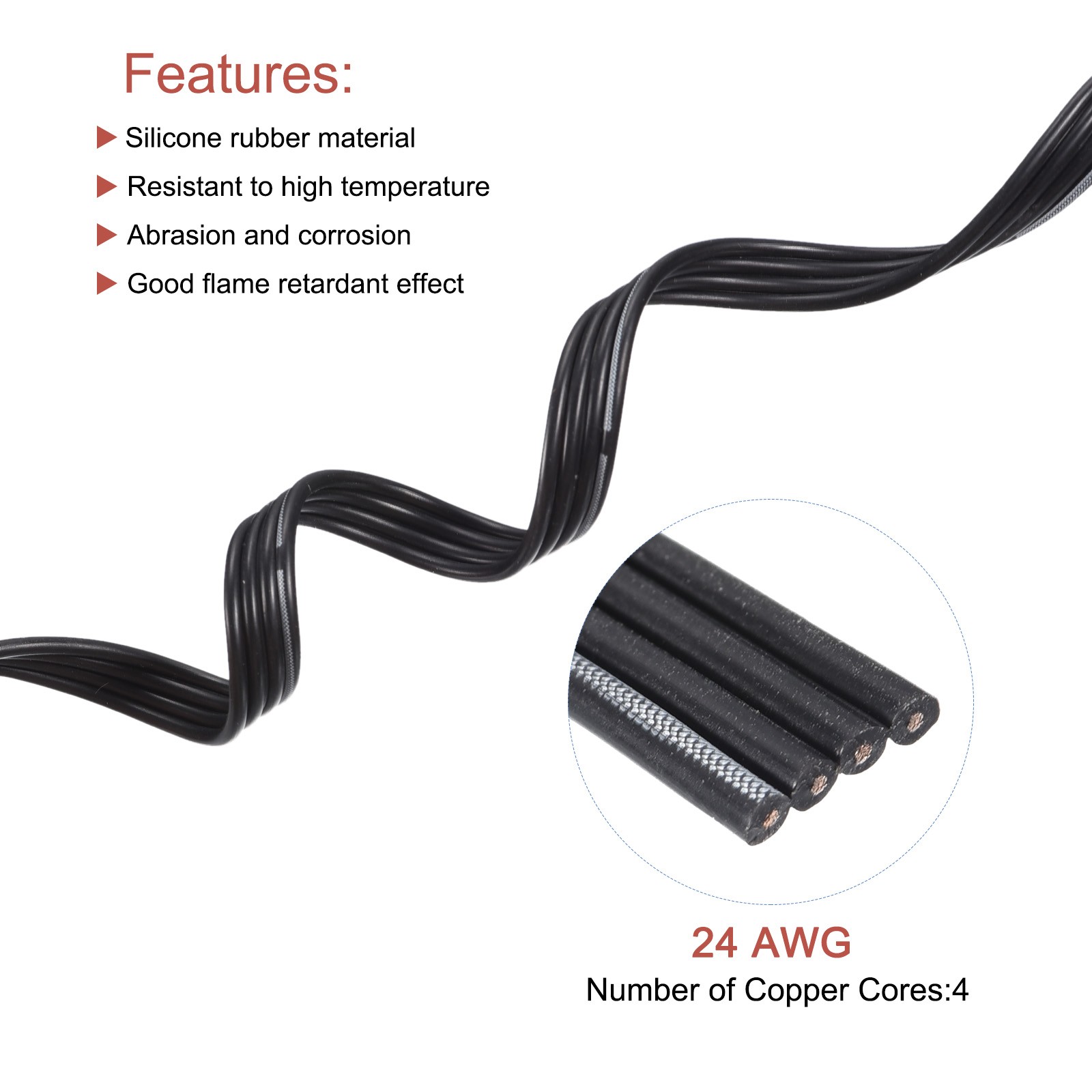 24AWG Silicone Ribbon Cable 4Pin 24 Gauge Flat Cable Silicone Wire 6m/20ft