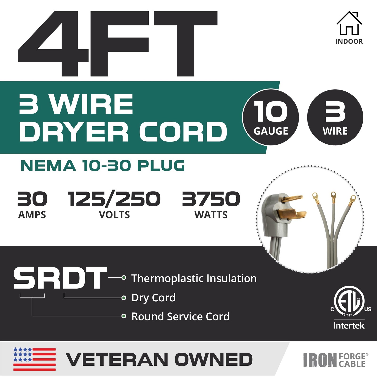 30 Amp 3 Prong Dryer Extension Cord 4 FT NEMA 1030 125V/250V SRDT 10/3 Gray