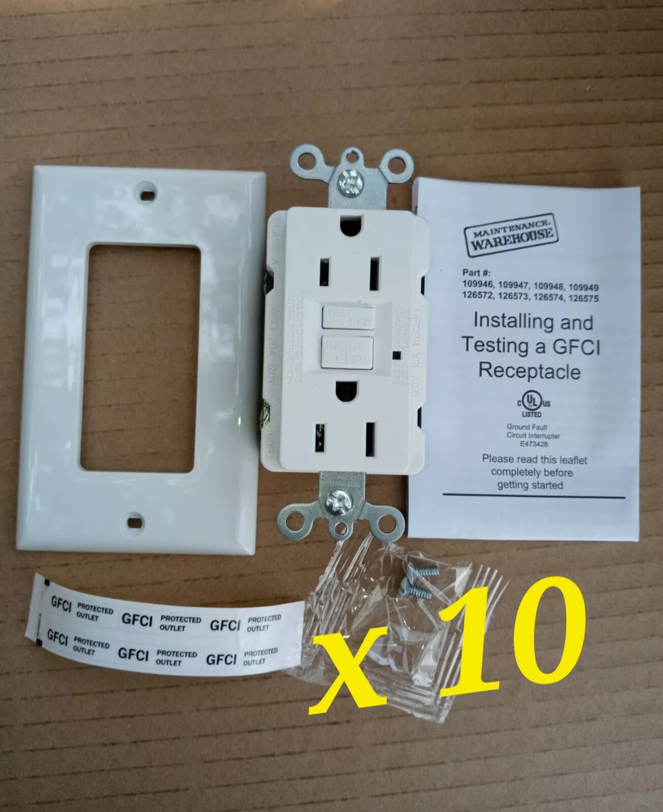 10 PACK 15AMP SELF TEST GFCI RECEPTACLE 125V BACK SIDE WIRED WHITE 109946