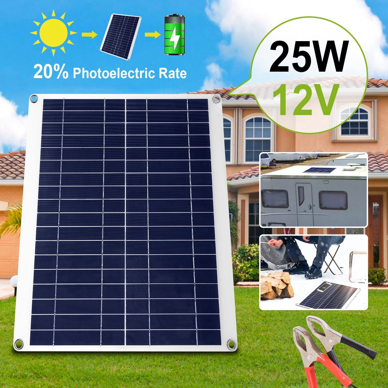 Solar Panel 12V 25W Car Battery Charger Waterproof w/ 3A Dual USB Charging Clip