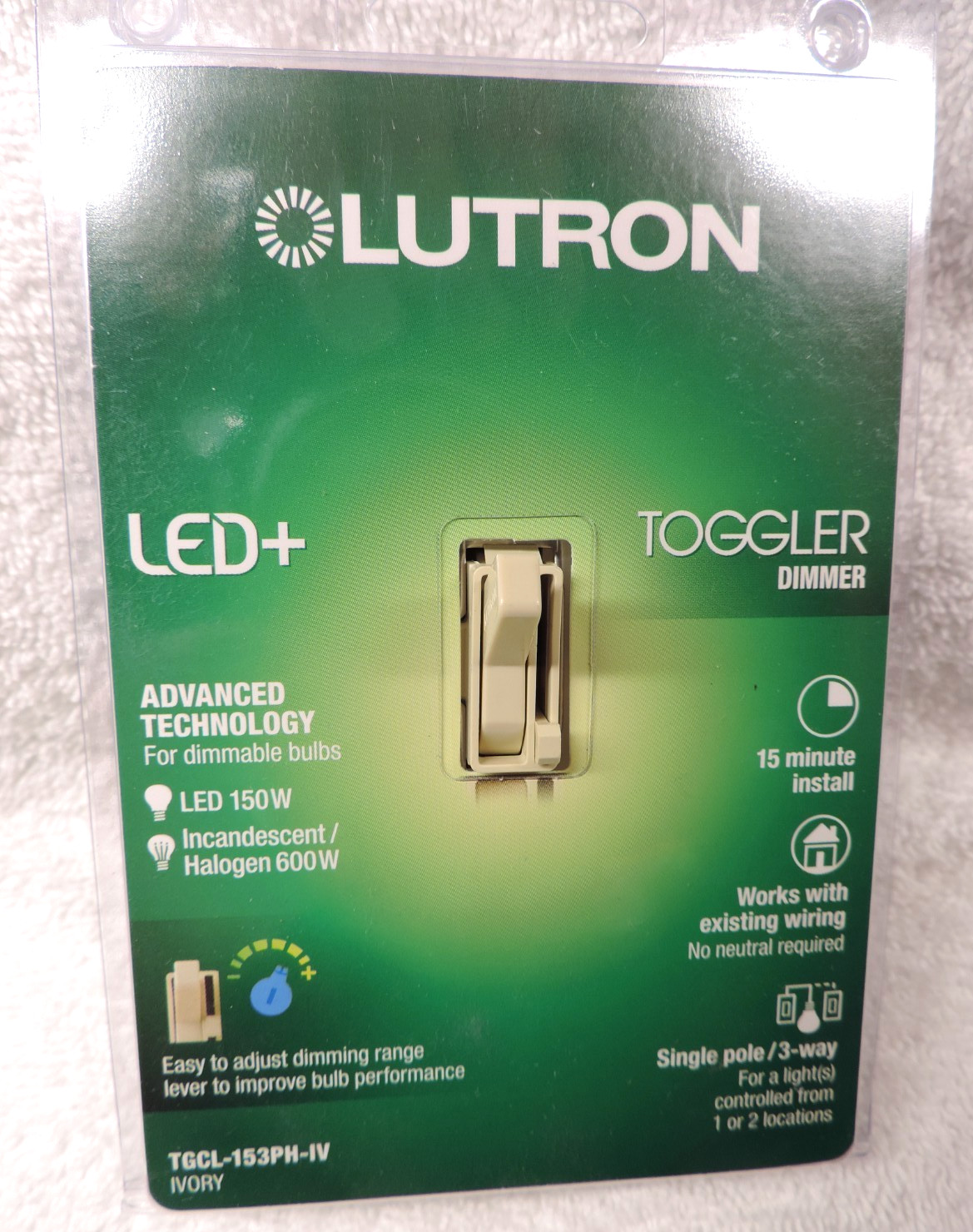 Lutron TGCL-153PH-IV Single Pole or 3-Way Dimmer CL Toggler Ivory New Sealed