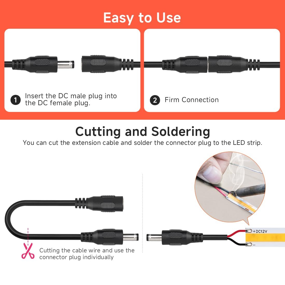 5 pcs/Pack 20AWG 2 Pin DC Female Plug Connector, 1.64ft(0.5m) Extension Cable…