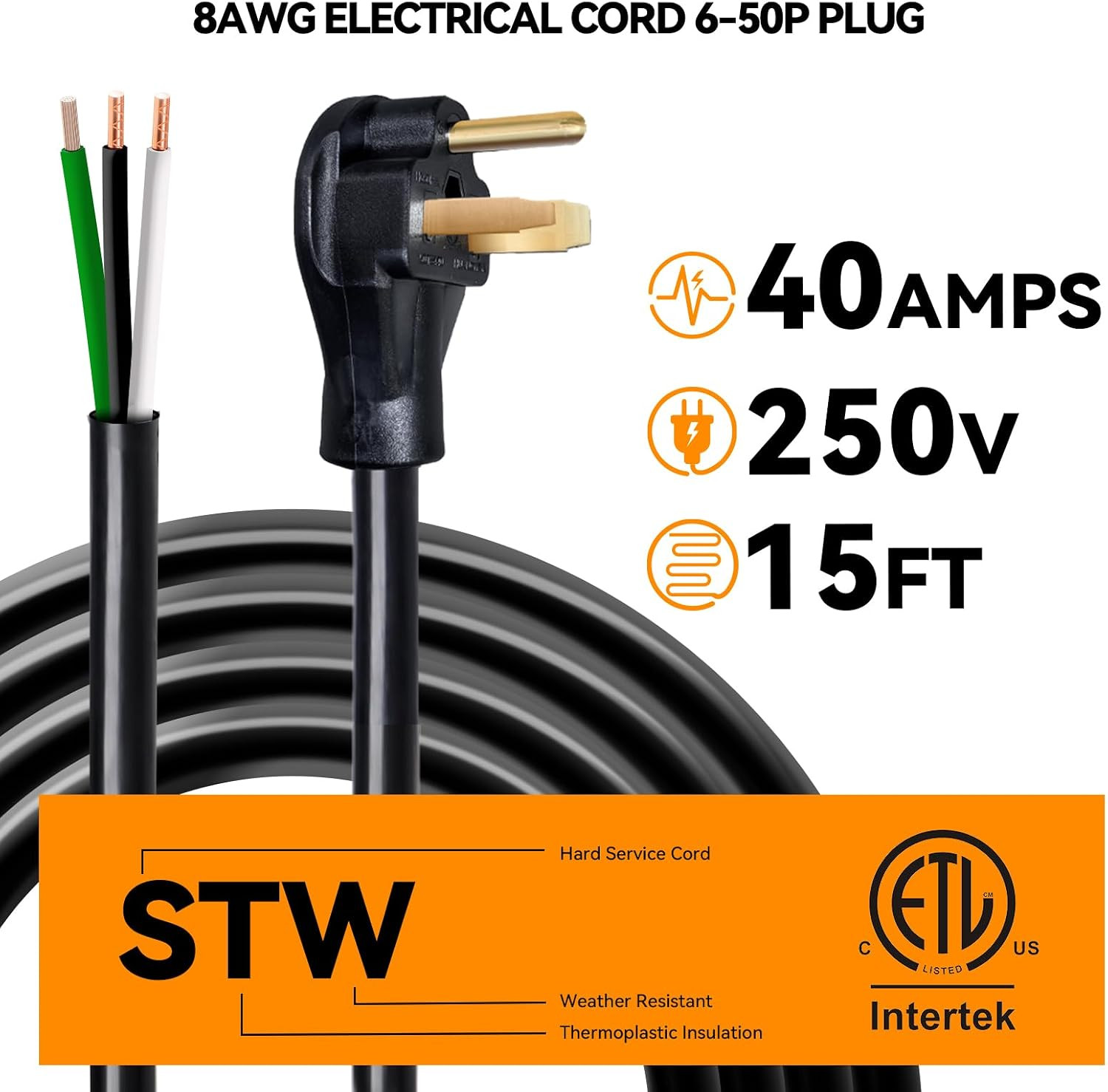 15FT 8 AWG 3 Prong Replacement Power Cord for 7500W Garage Heater | N6-50P Plug