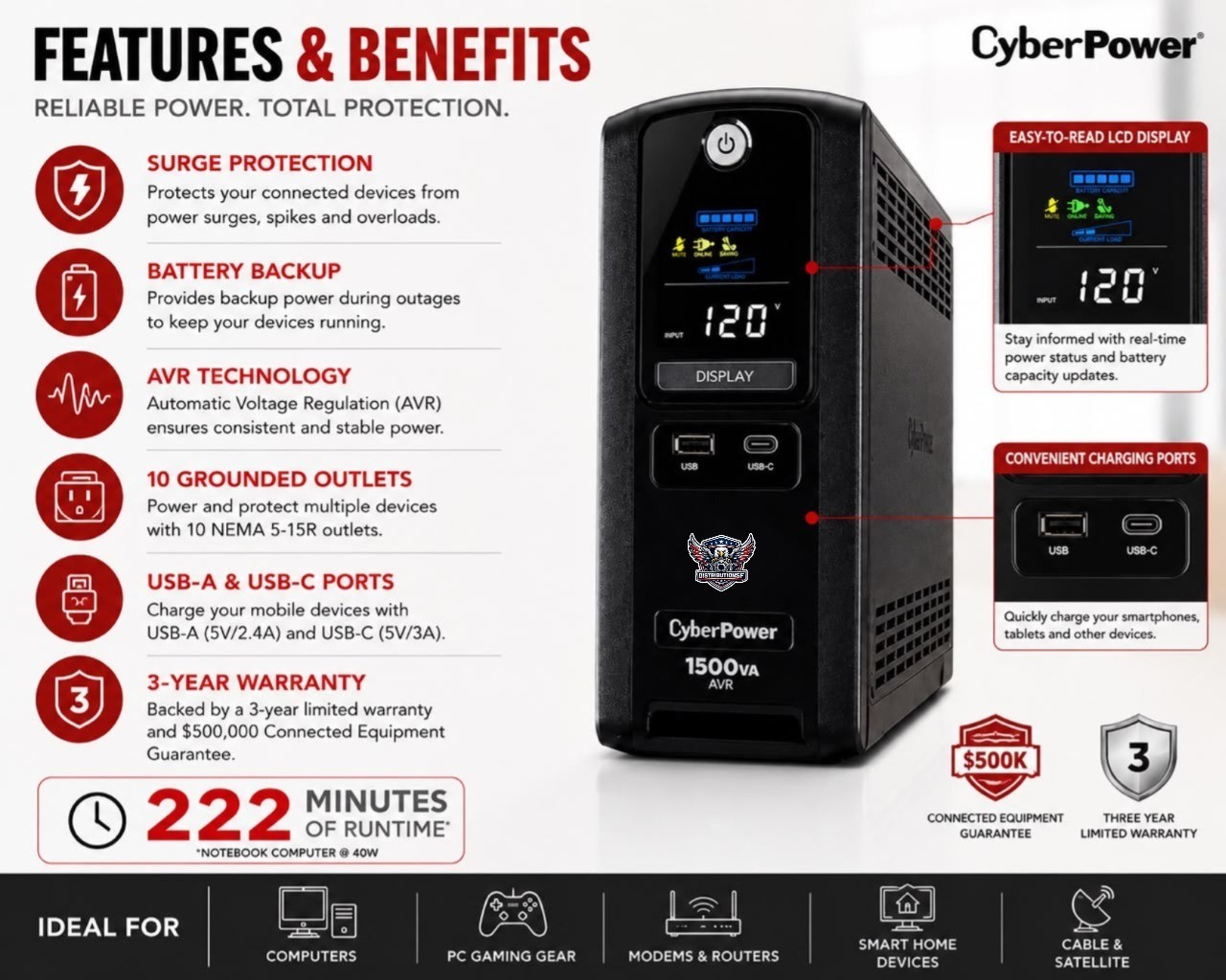 CyberPower CST150UC2 1500VA 900W UPS Battery Backup Surge Protector AVR LCD USB-