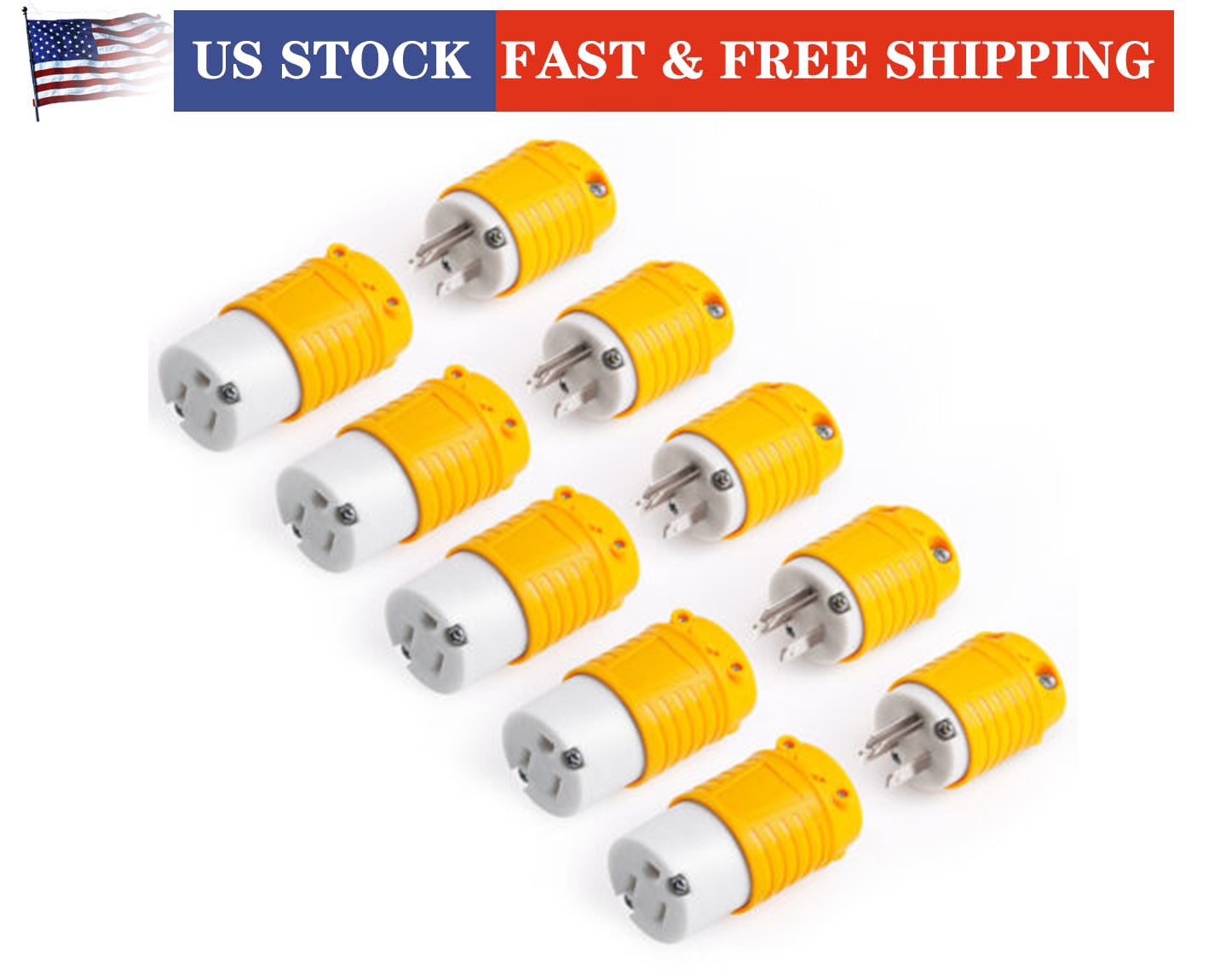 5 Sets Extension Cord Ends Male and Female Plug – 15 Amp 125 Volt NEMA 5-15 Plug