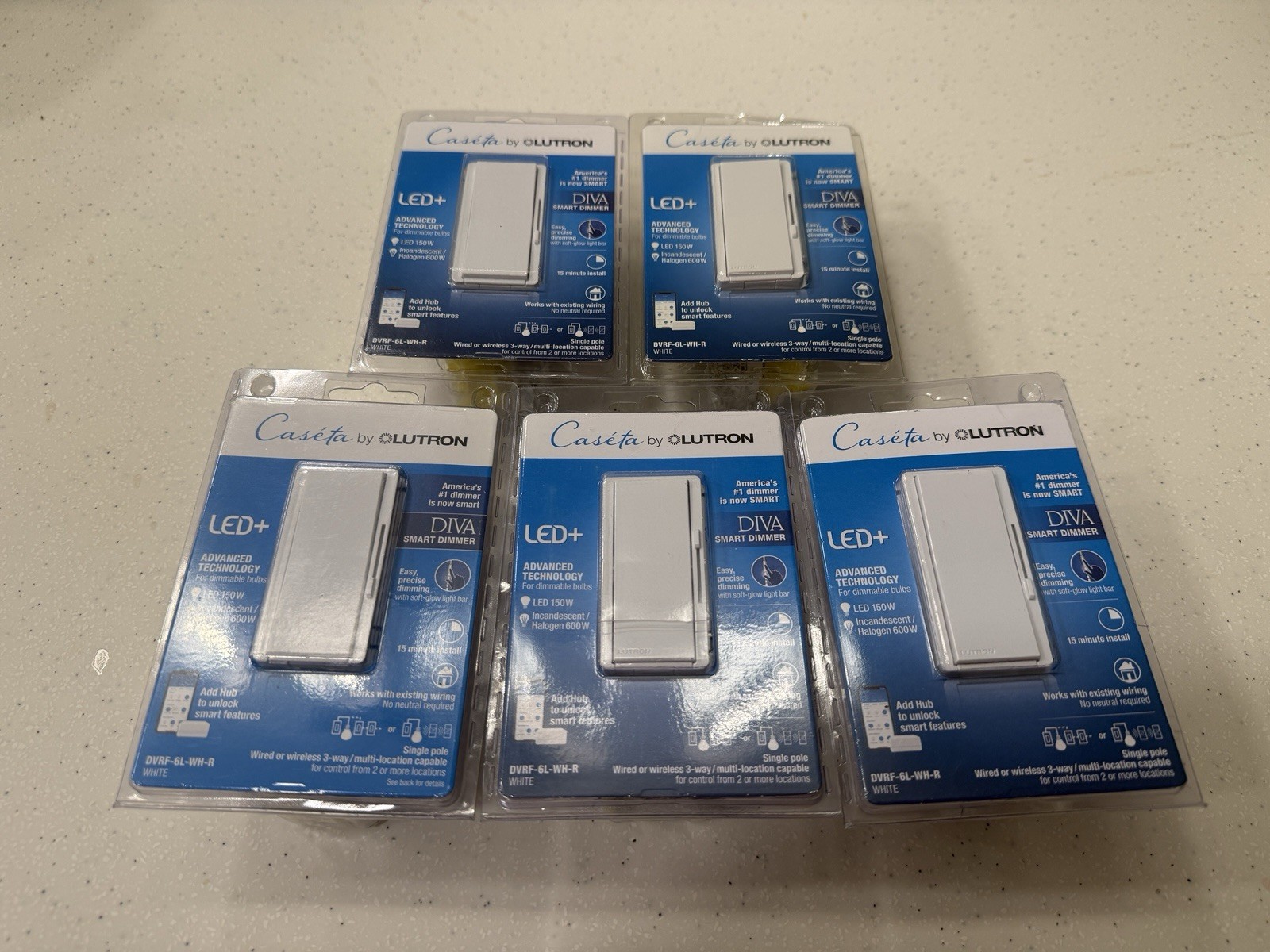 LOT OF 5 LUTRON DIVA SMART SWITCH HOME DVRF-6L-WH-R WHITE BRAND NEW LOOK