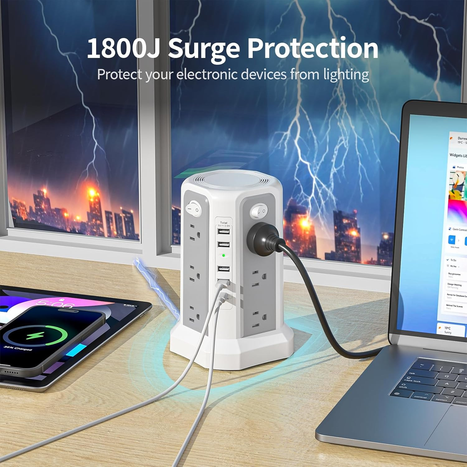Surge Protector Power Strip Tower with USB C, 12 Outlets & 5 USB Ports