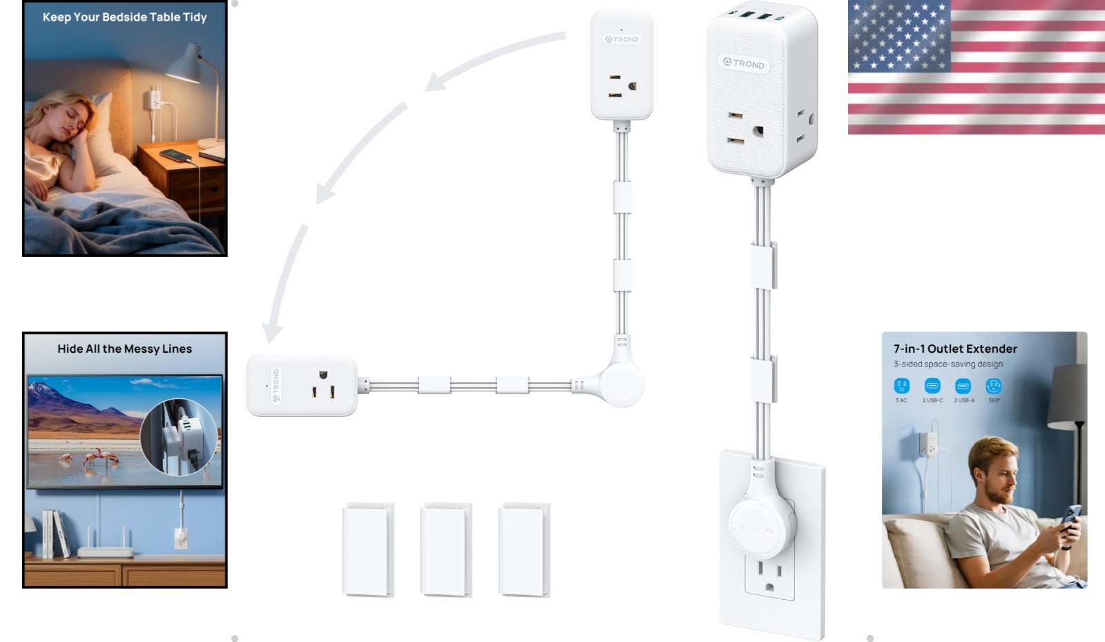 Electrical Outlet Extender 3 Outlets 20W USB-C 360° Rotating Wall Plug White