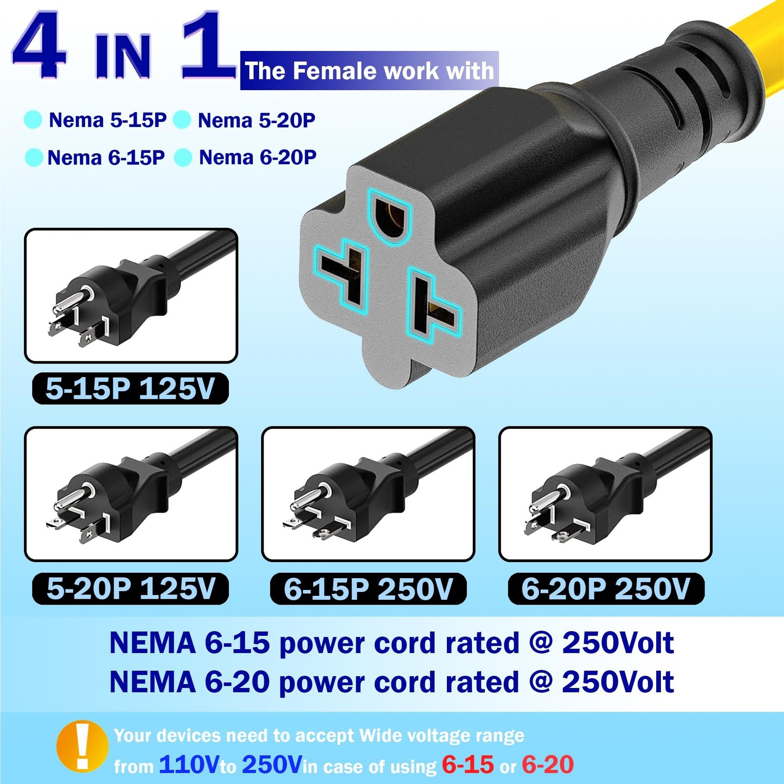 12AWG Heavy-Duty 20 Amp Extension Cord,NEMA 5-15P to 5-20R/6-15R/6-20R Adapte…