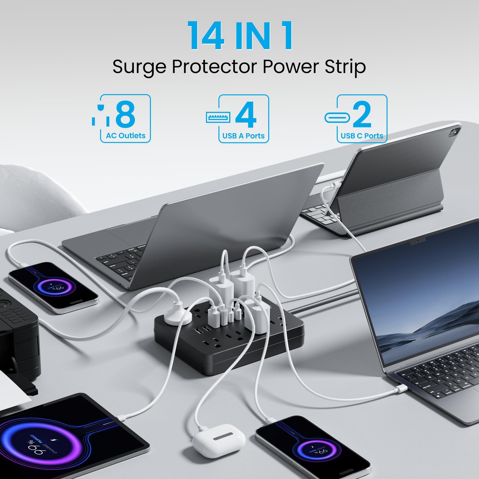 Surge Protector Power Strip, 8 Outlets(1250W/10A), 6 USB Charging Ports(2 USB…