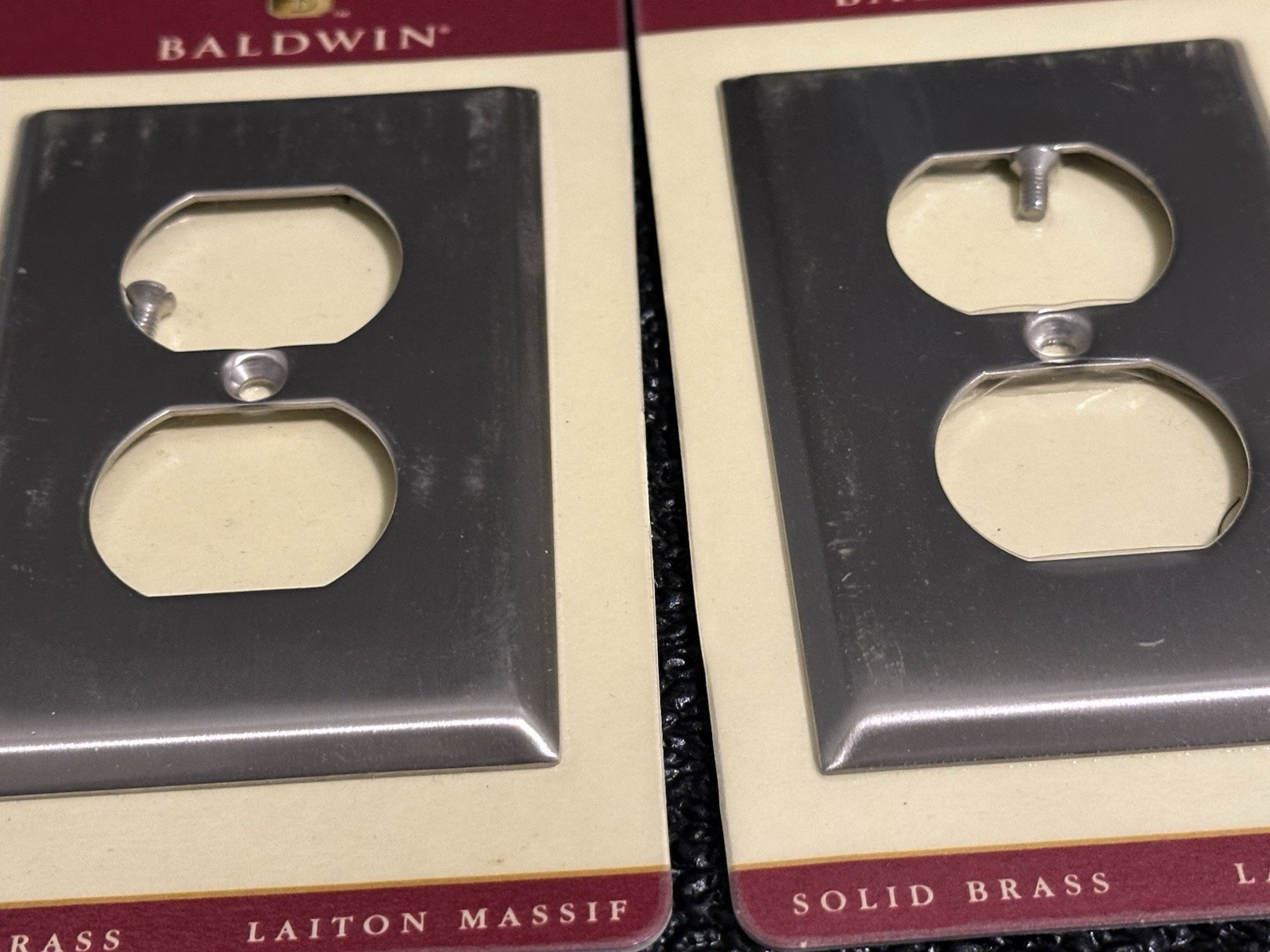 New – Baldwin Solid Brass Brushed Nickel Finish Duplex Outlet Cover – Set of 2