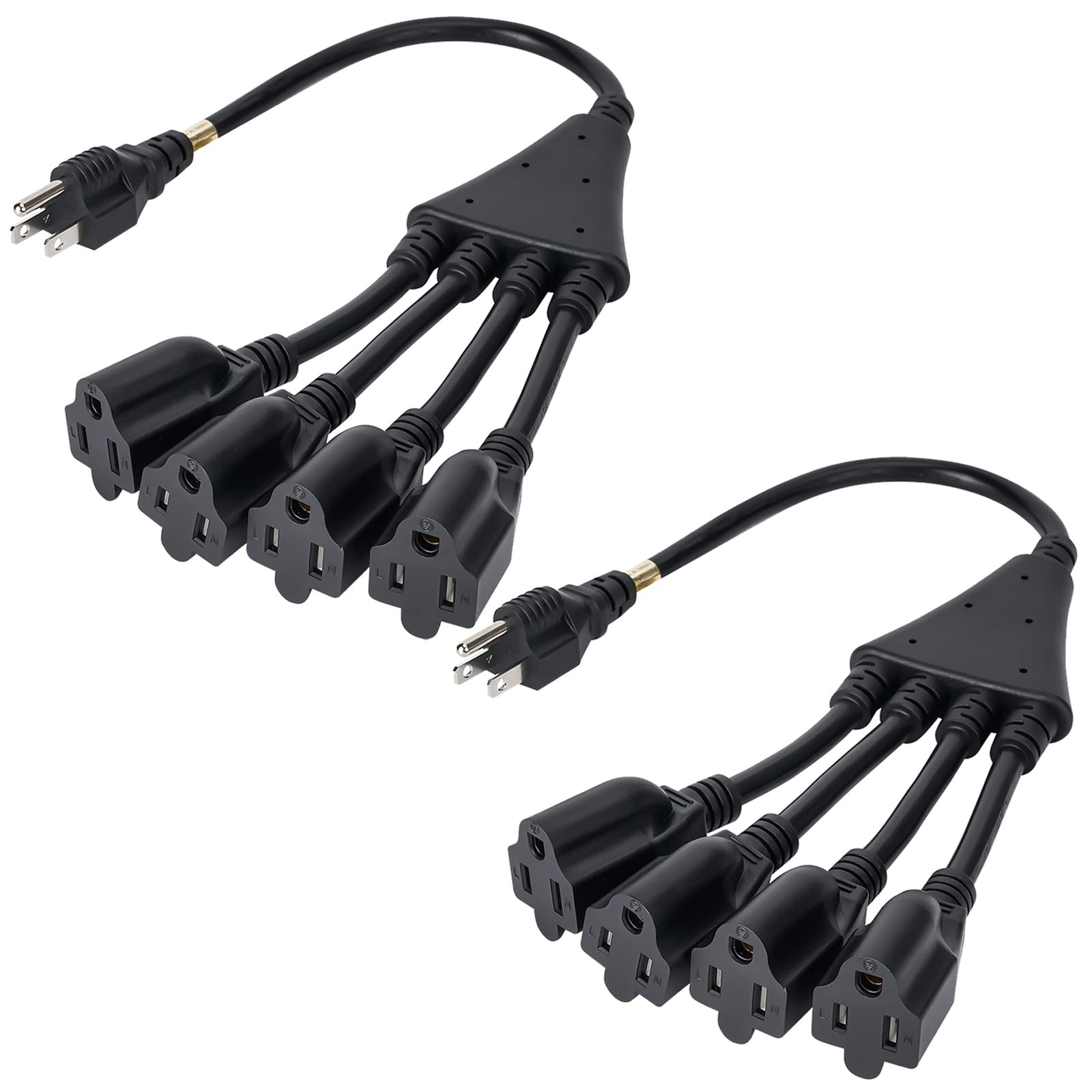 4 Way Power Cord Splitter Extension Cable Y Outlet Saver SJTW 1.5ft 2 PACK