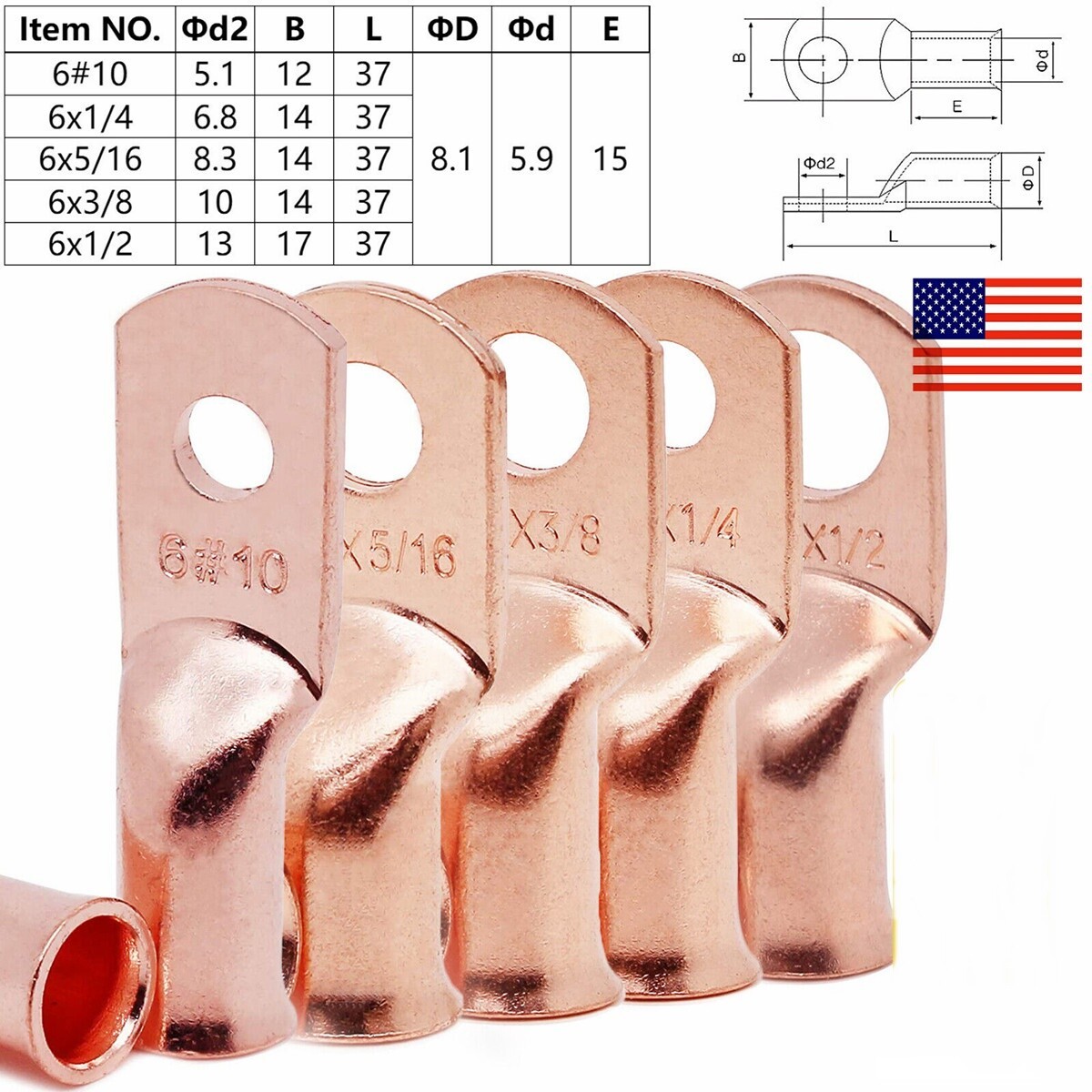 Bare Copper Lugs Ring Terminals Battery Wire Welding Cable Connectors 8-4/0 AWG