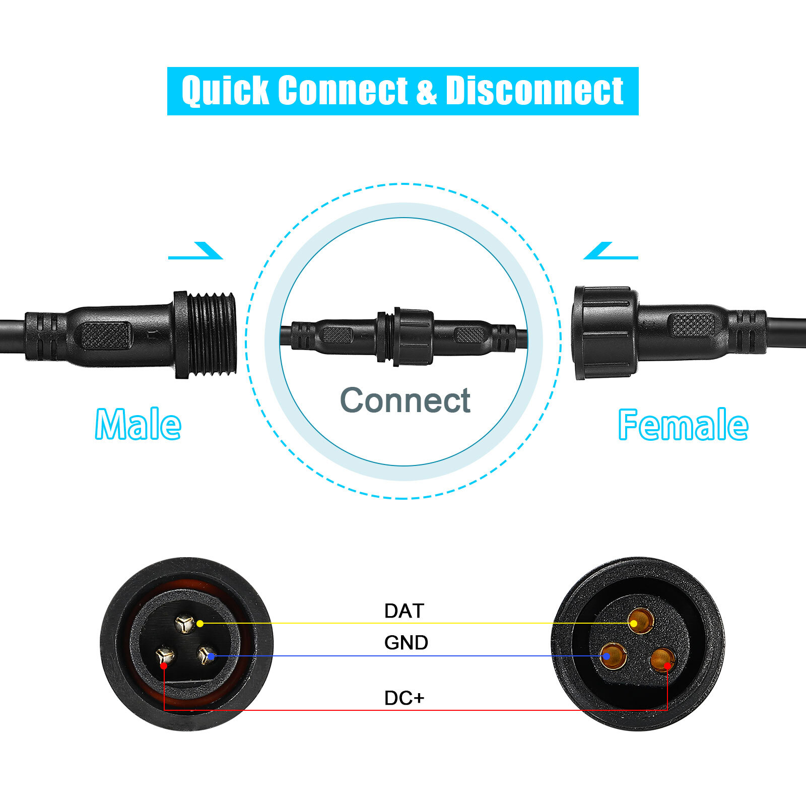 10pairs 3 Core 3 Pin Waterproof Connectors 18AWG IP65 50CM Male Female LED Cable