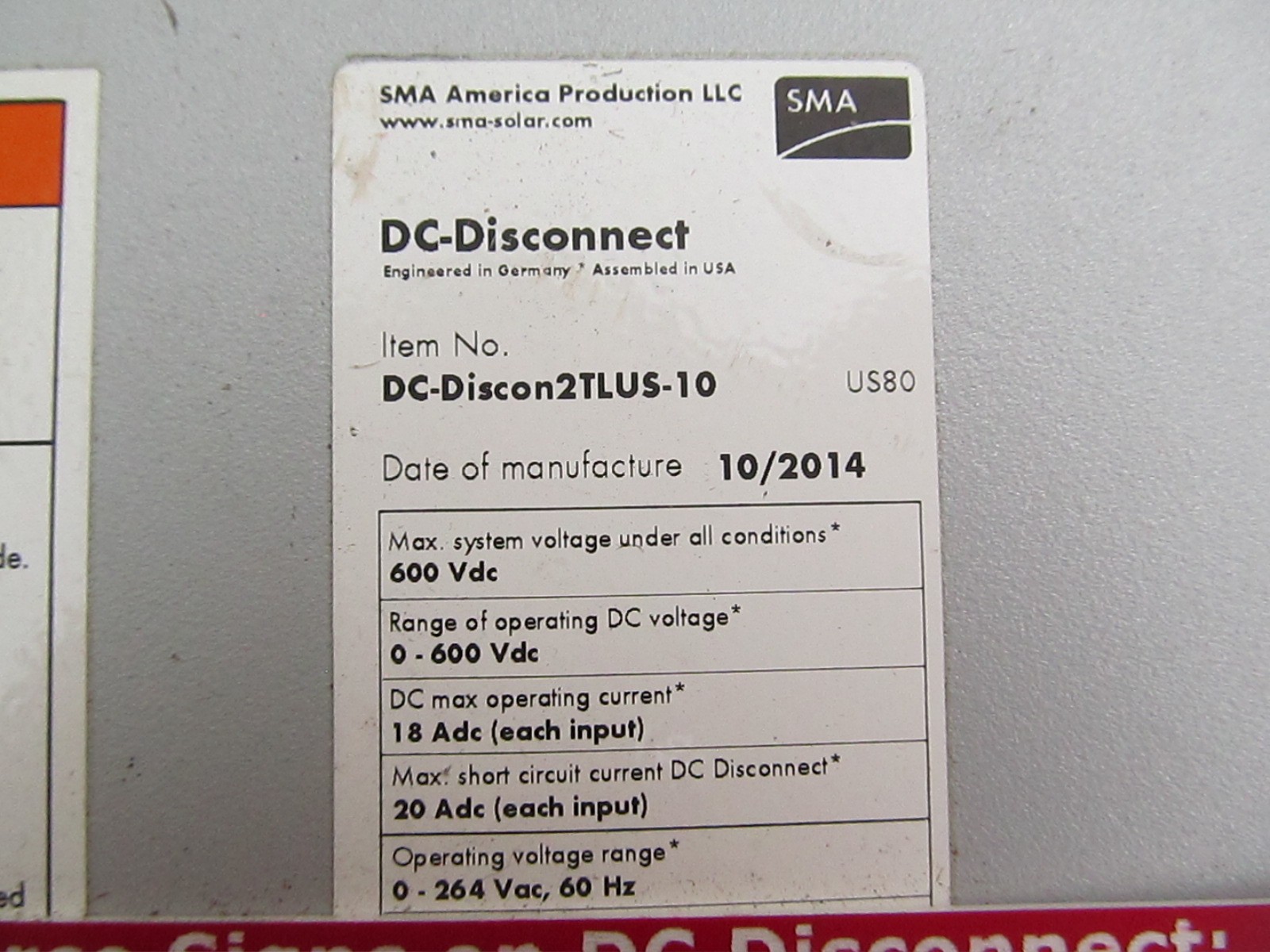 SMA Sunny Boy DC Disconnect DC-DISCON2TLUS-10 for SMA Sunnyboy inverters