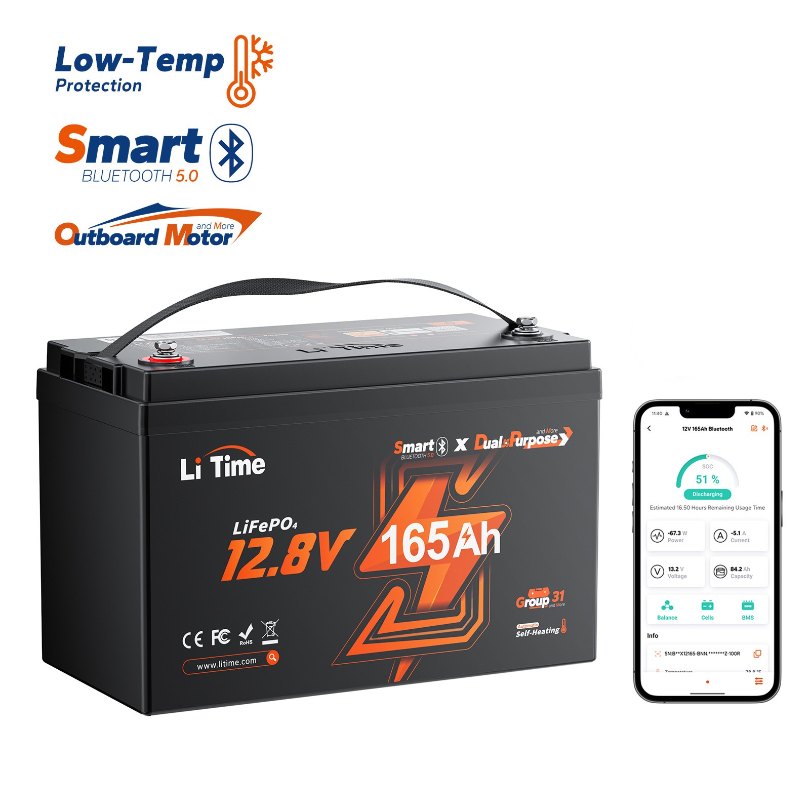 Used LiTime 12V 165Ah Dual Use Bluetooth Lithium Battery 1200CCA For Marine Boat