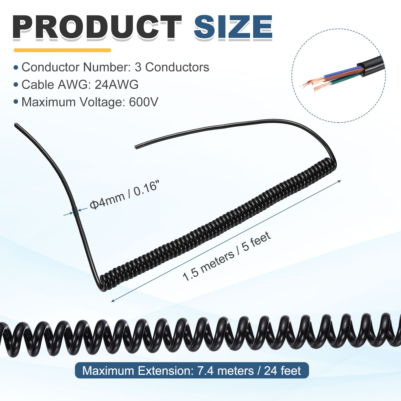 5ft Retractable Coiled Coil Cord, 3 Conductor 24AWG Spiral Power Cord Cable