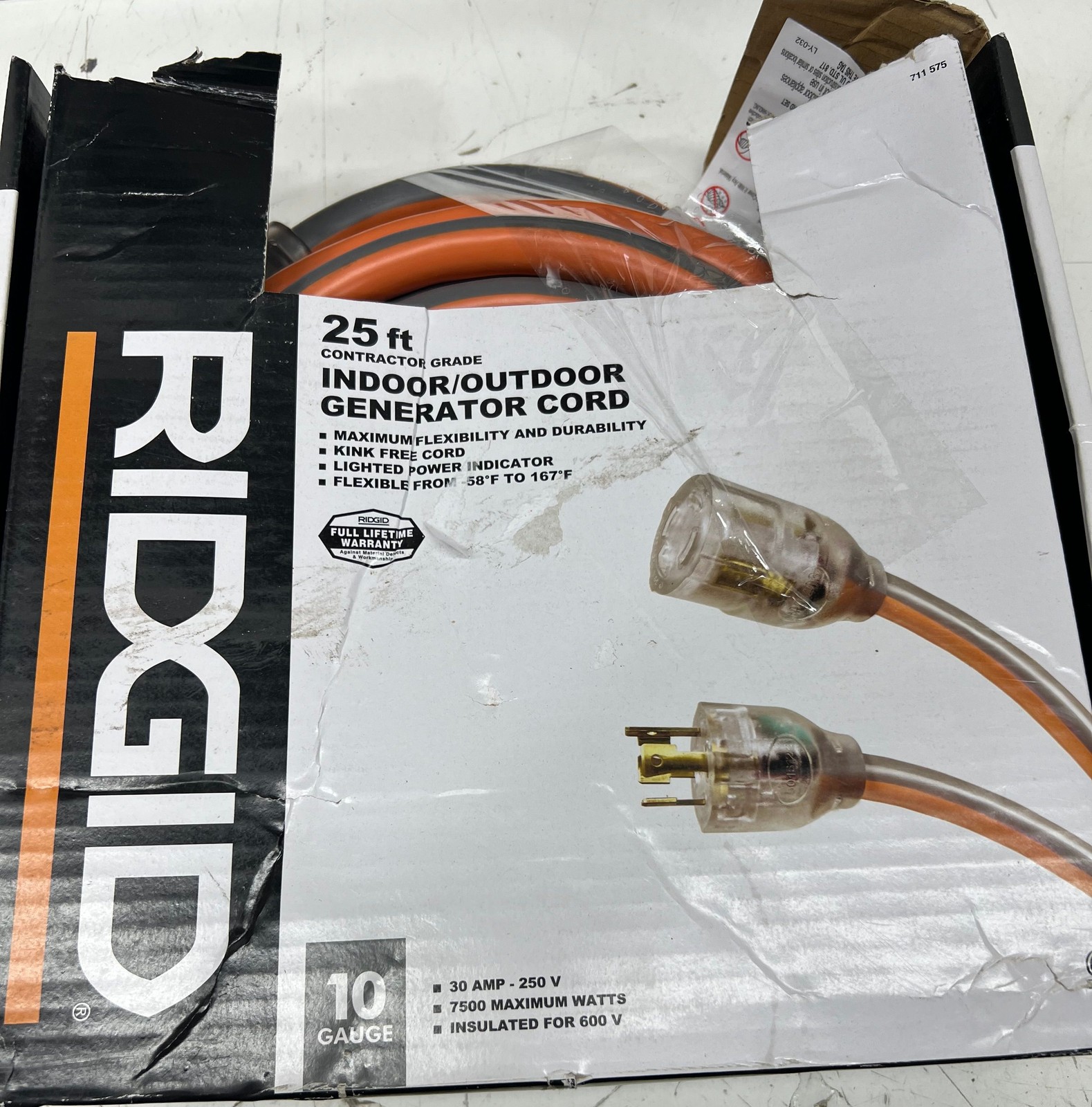Ridgid 25 ft 10/4 Contractor Grade Indoor/Outdoor Generator Cord New