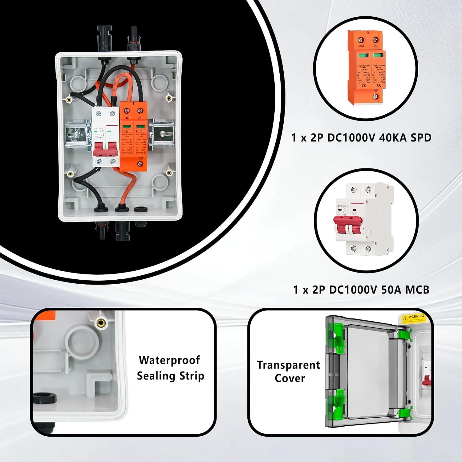 Solar Combiner Box 1-In-1-Out 50A Circuit Breaker Surge Protector