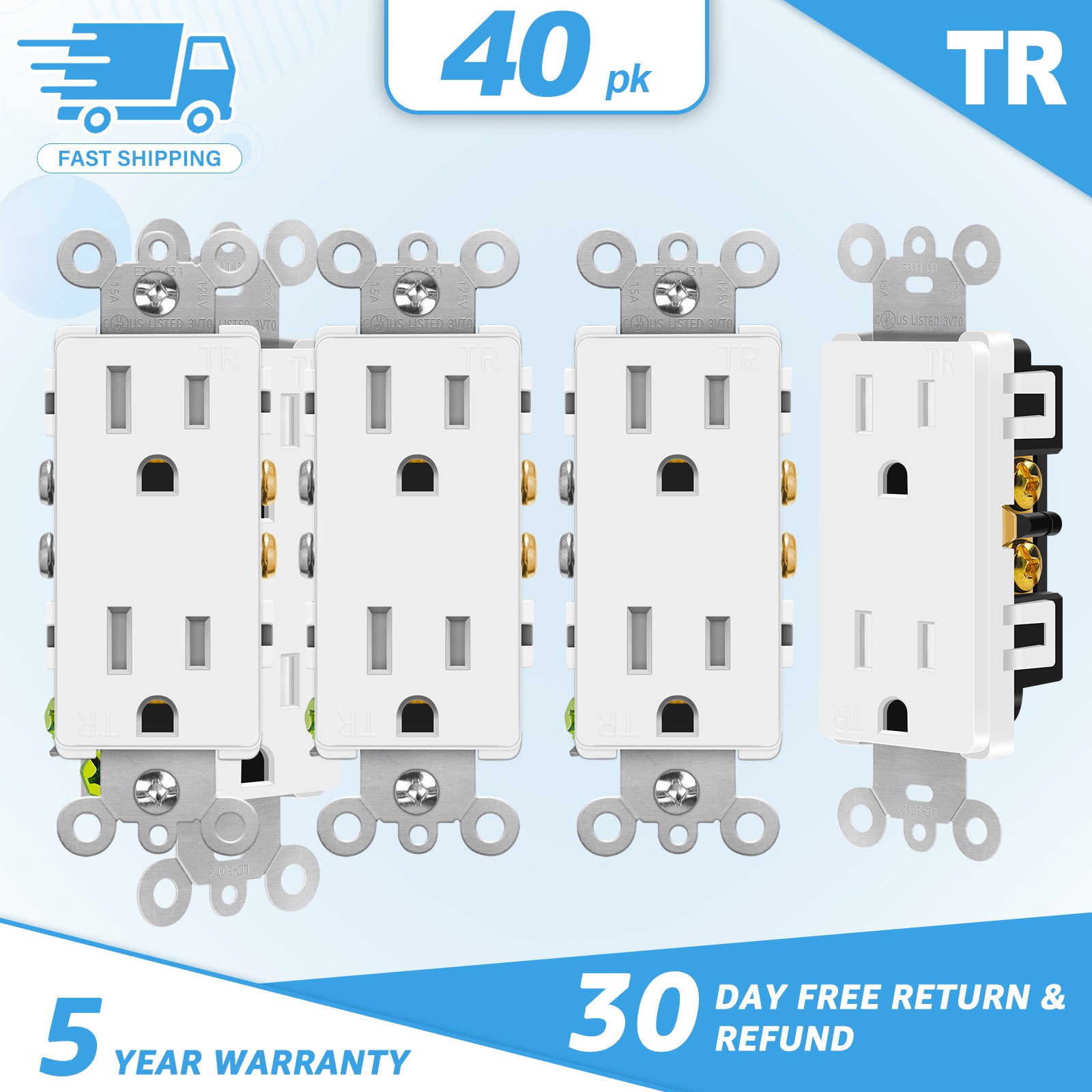 40× Heavy Duty 5-15R TR 15A Outlet White Self-Grounding Decorator UL/CUL Listed