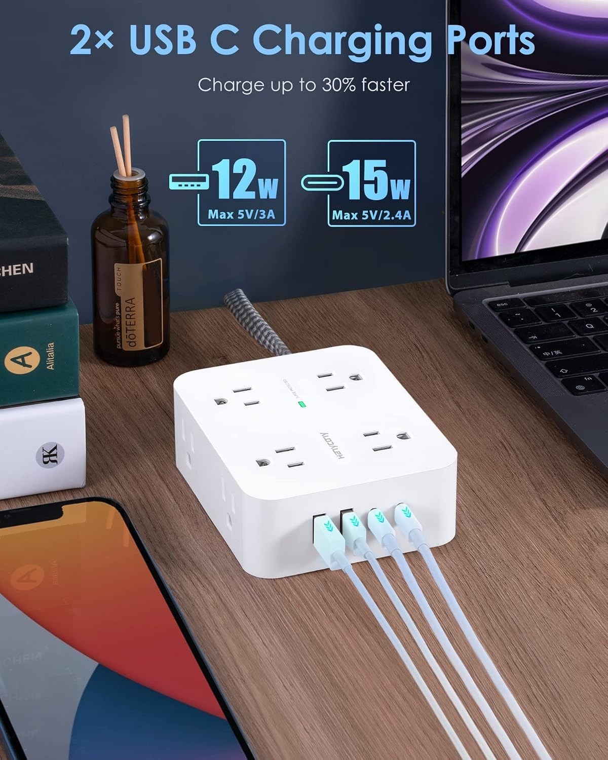 6Ft Surge Protector Power Strip USB C, 1080J, 8 Outlet Extender | Extension C…