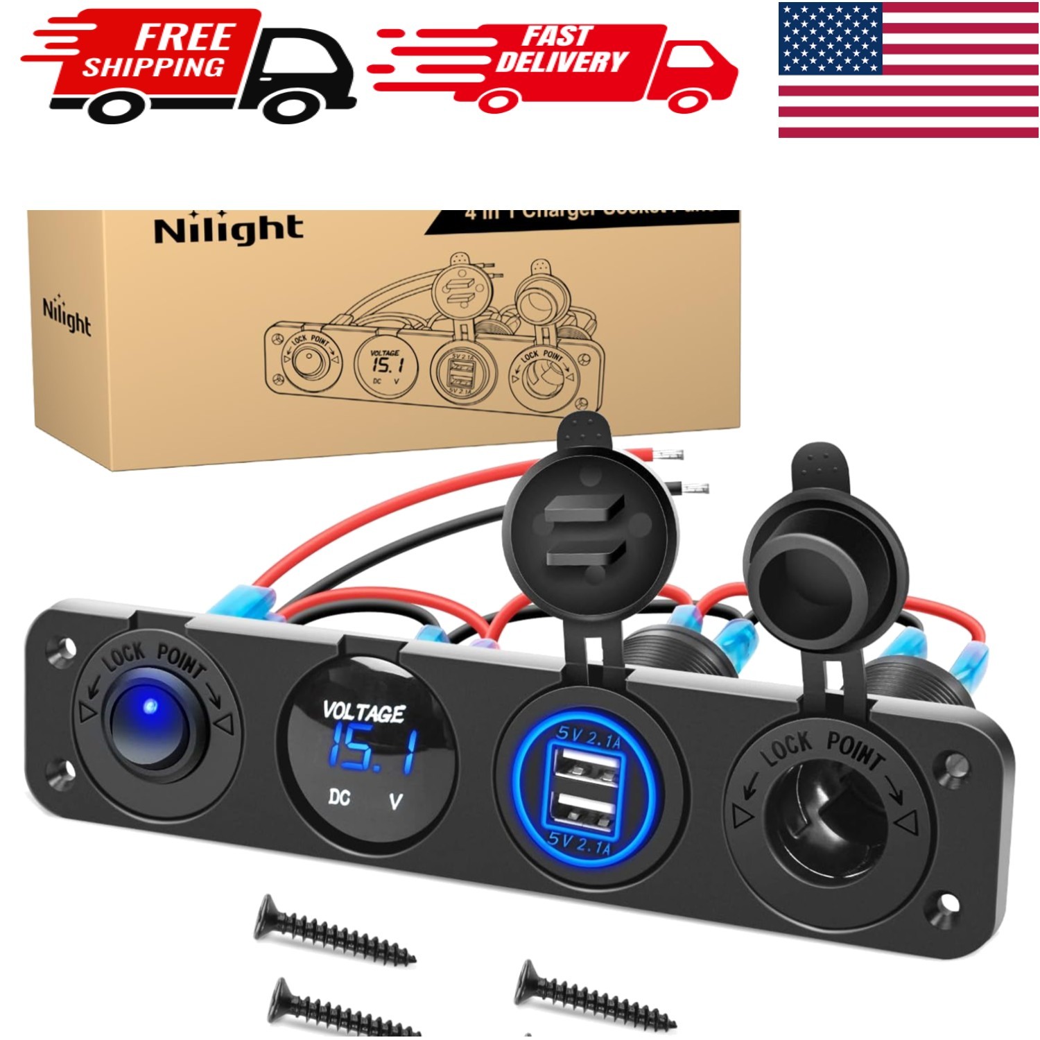 Vehicle-Ready 4 in 1 Power Outlet Panel with Dual USB and ON/OFF Toggle Switch