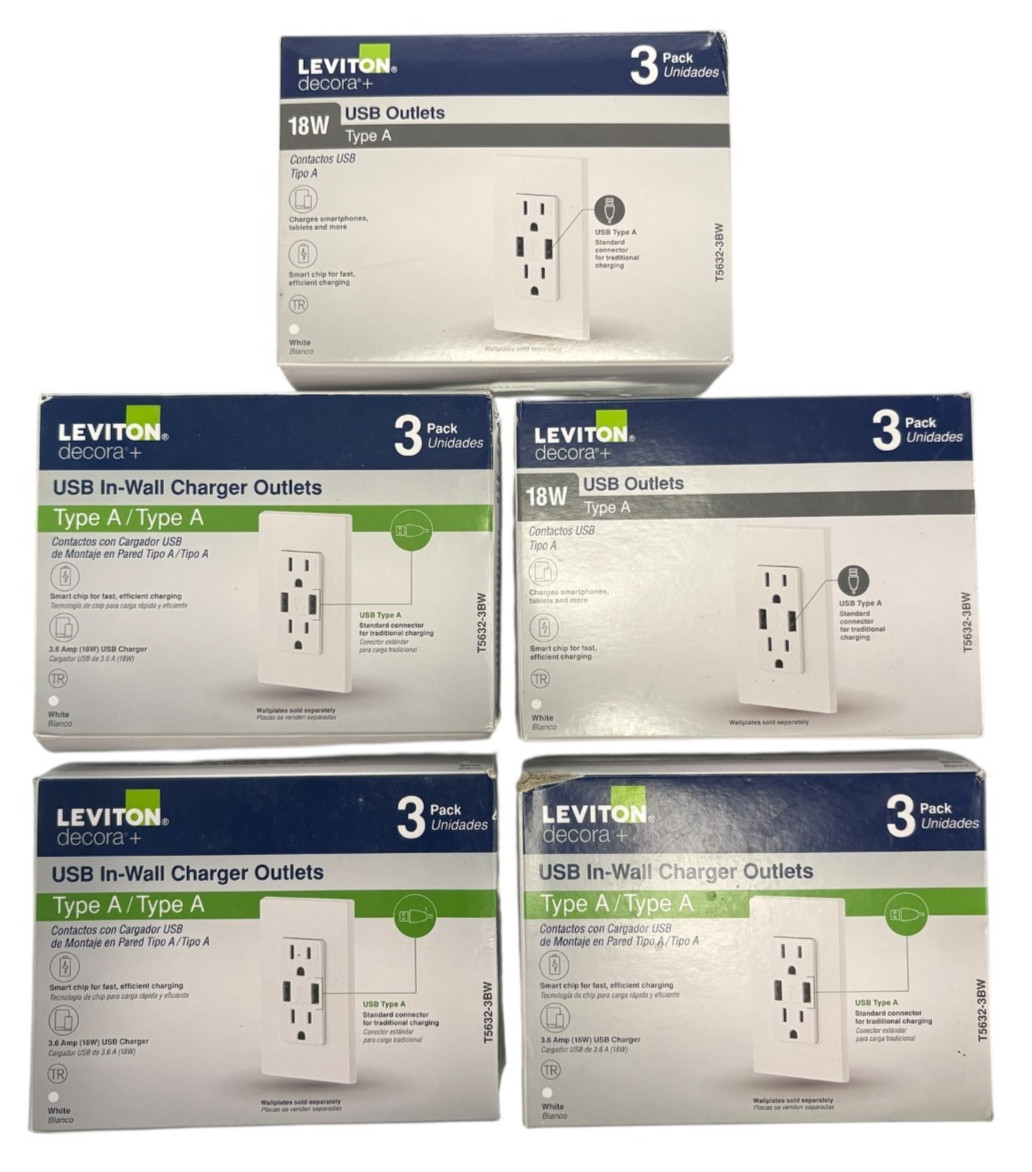 LOT OF 5-LEVITON decora T5632-3BW USB In-Wall Charger Outlets 3 pack