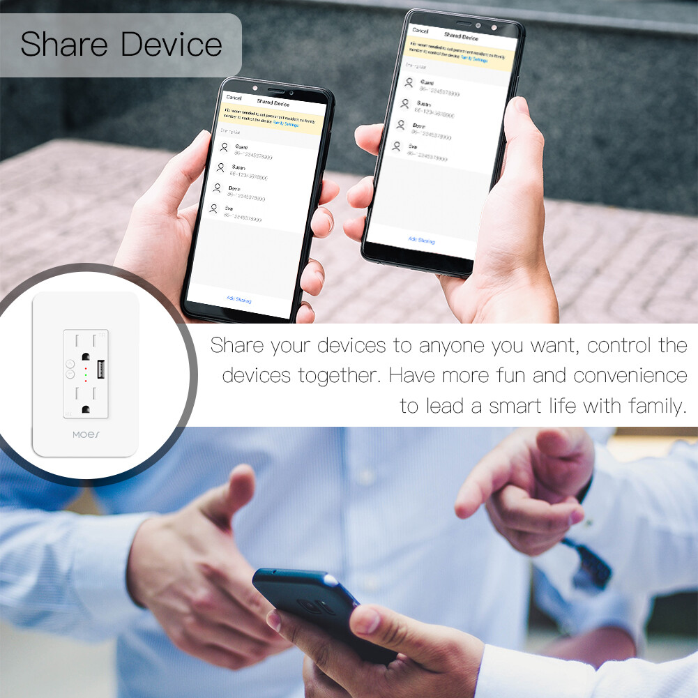 MOES WiFi Smart Outlet Wall Socket Divided Control 2 Plug 1 USB 15A Alexa Google